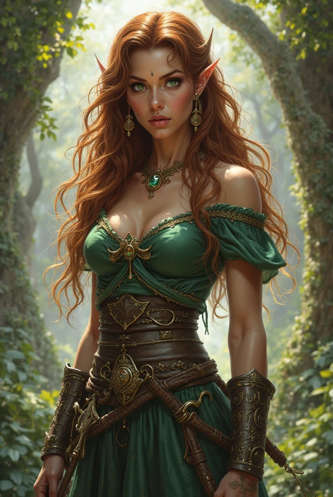 A picture of a woman with red hair and green dress, dress made of leaves, delicate golden pattern, goblin queen of summer forest, fantasy style art, beautiful girl, detailed fantasy digital art, very beautiful fantasy art, Forest elf, beautiful and elegant dryad, graphic artist magali villeneuve, nymph, (masterpiece, best quality: 1.2), (ultra detailed), (illustration), wallpaper, original,