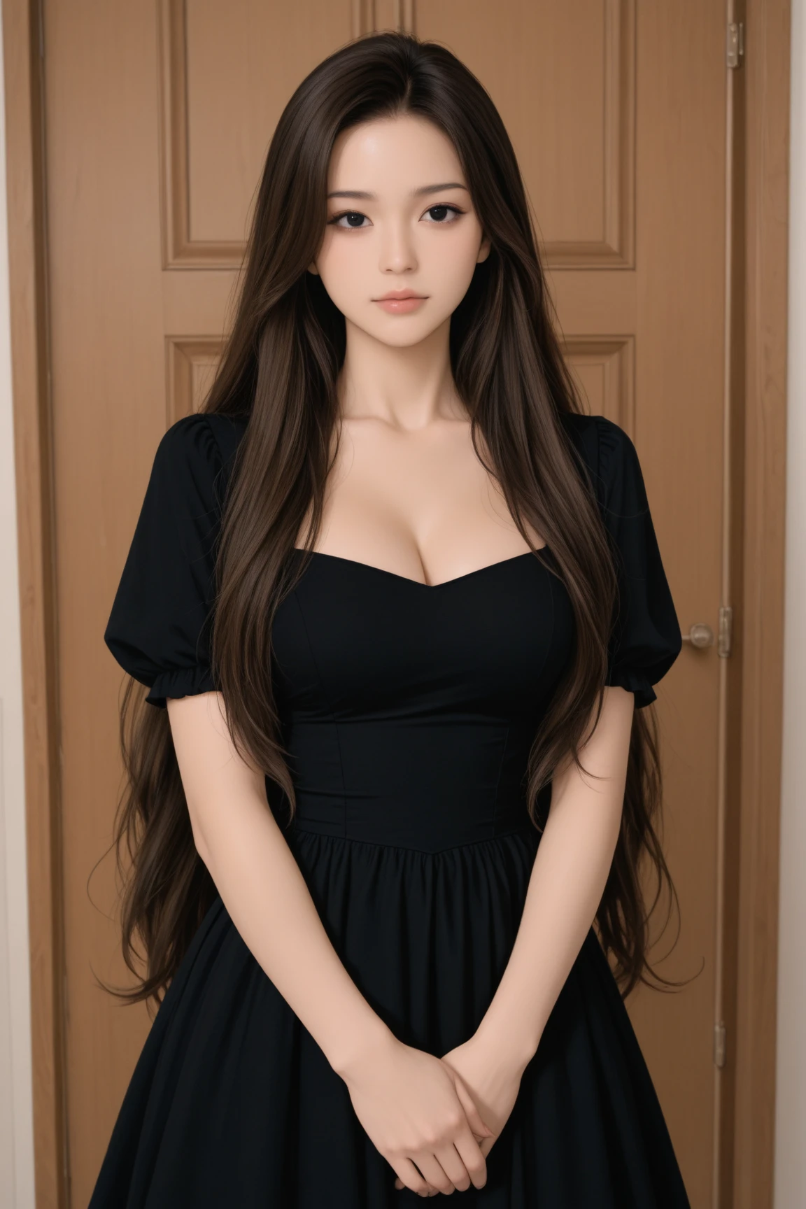 Full body, Middle chest,Beautiful detailed eyes, (Long hair:1.2), (8k, Best quality, Masterpiece:1.2), (Realistic, Photorealistic:1.37), Ultra detailed, 1 girl, cute, solo, (blush), (smile: 1.15), (closed mouth)