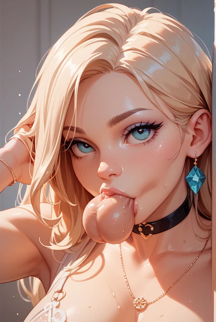 nat, 1girl, (flat chest), (((very small breasts))), ass:1.3, green eyes,  blonde hair, long hair, lips, bang, blush, naked, she is showing her vagina, depth of field, bokeh, (special attention to skin detail: 1.2), masterpiece, best quality, ultra-detailed, ultra-HD, photorealistic, cinematic, ((close-up camera shot)), sensual pose, alluring, blowjob:1.4