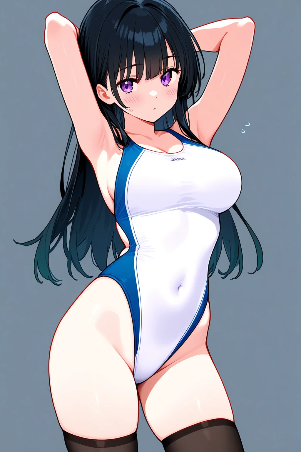 masterpiece,Highest quality,High resolution,shape,Very detailed,8k CG wallpaper,One Girl,Ray Tracing,Beautiful breasts,Long black hair, Black oversized swimsuit,White background,Waistline,Sticking out her butt,Turn around,