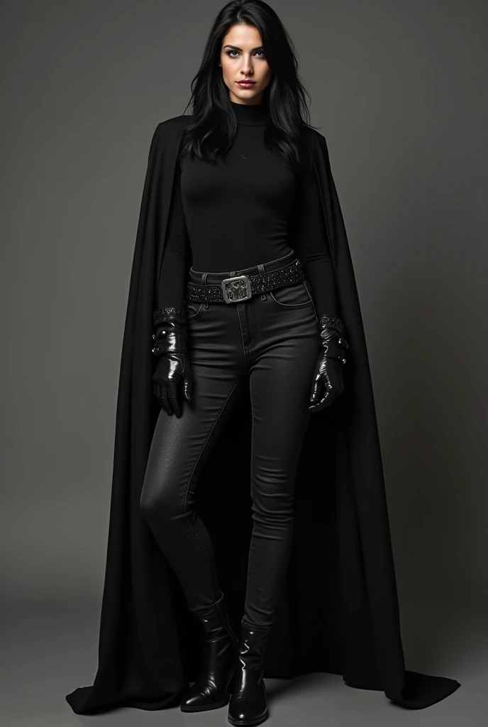 (masterpiece, best quality:1.2), from below, solo, 1girl, ozen, expressionless, closed mouth, looking at viewer, hands on hips, black jacket, cape, black pants, black gloves