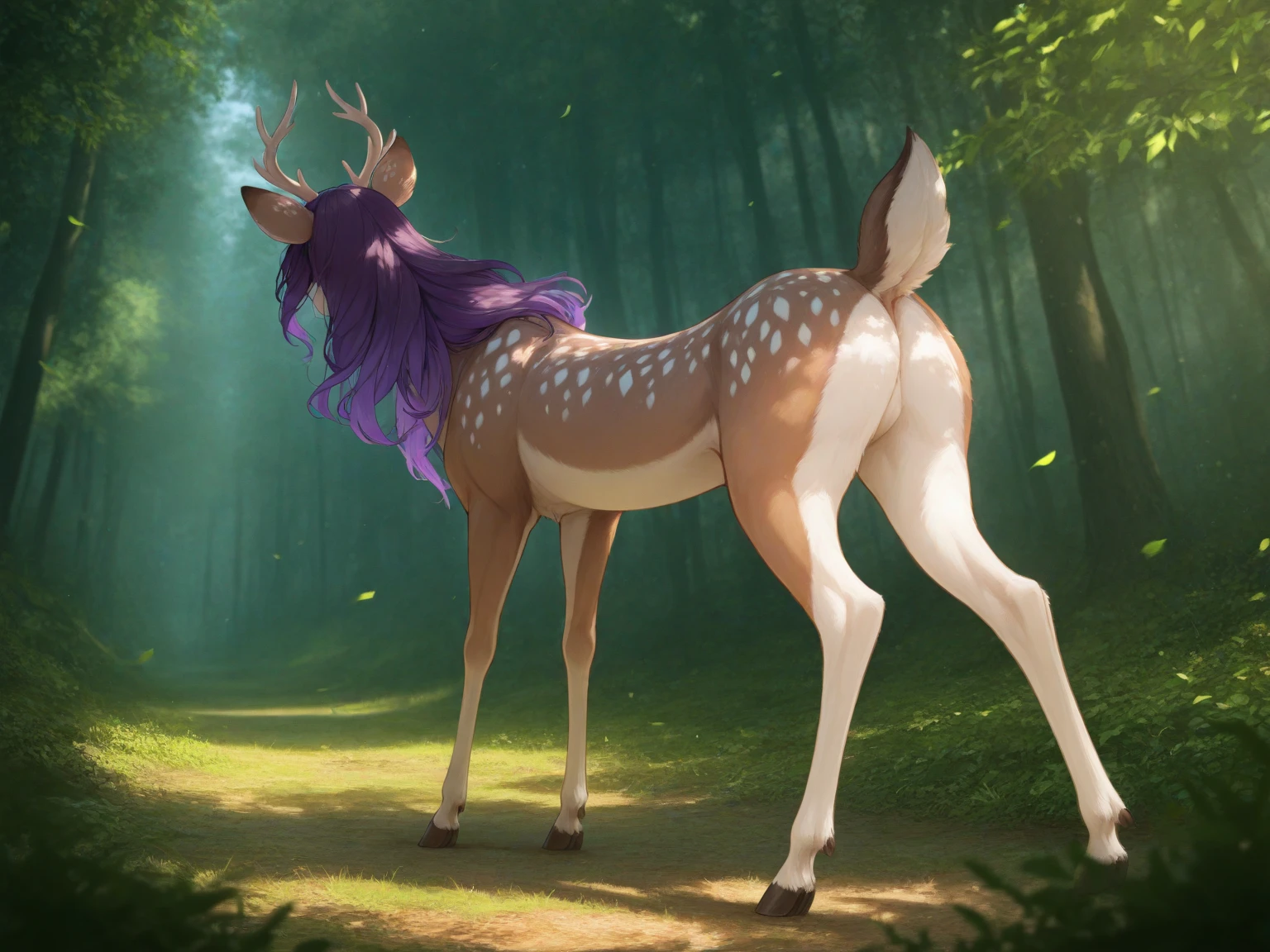 Lillia from League of Legends, ((deer centaur)), 4 hooves, two arms, two hands, deer tail, fluffy, high resolution, realistic, Soft, 4K, upscales, high detail, Delicate fur, forest, big breasts, big nipples, hyper areola, long nipples, 4 legs, feral, smile, purple eyes, 1 girl, peeking at viewer, big feral deer butt, hyper canine pussy, presenting canine pussy, back toward viewer, looking back at viewer, drippy pussy