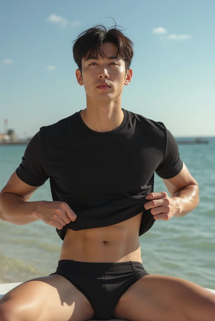 Handsome Korean man with a stocky figure, shirtless, wearing underwear, smiling, walking along the seaside on the island.