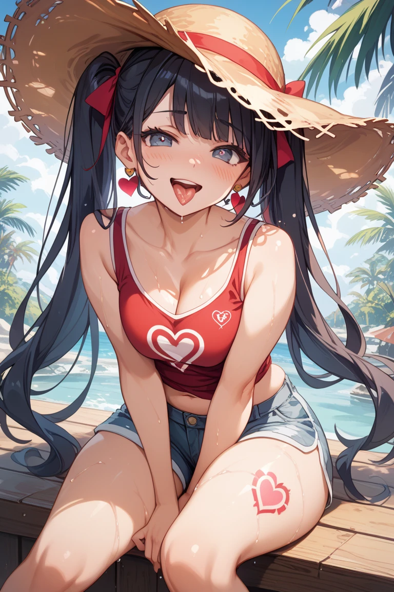 Girl wearing white bikini with red hearts print, long black hair,soap bubbles around