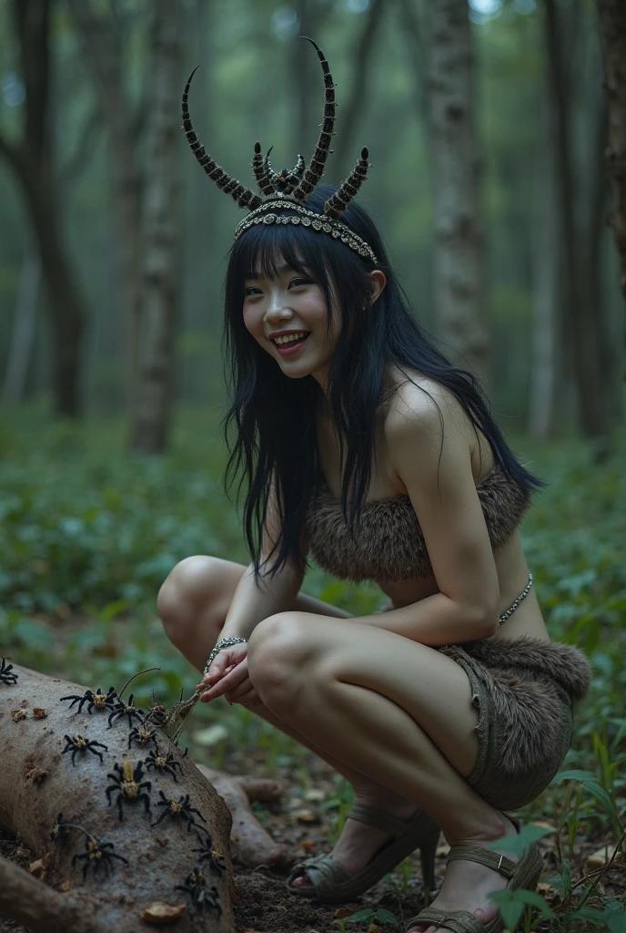 ((perfect anatomy:1.2,realistic:1.3,RAW Photography:1.3,masterpiece、highest quality、Ultra - High resolution、High resolution、Highly detailed CG、8K)),full body,1 female daemon in her teens ((beautiful detailed face and eyes:1.2,big gorgeous eyes:1.2)), Focus on a stunning, alluring face with captivating eyes. small breasts,slender body,small head:1.5,skinny, (oily skin,gleaming skin,pale skin,sweat:1.2), Body should be overtly sexual, with revealing attire or nudity. Emphasize a sultry, provocative expression. Skin tone should be a pale, pink. Succubus-like features are desired, NSFW not safe for work, show full body, she is leaning against a moss-covered tree trunk,