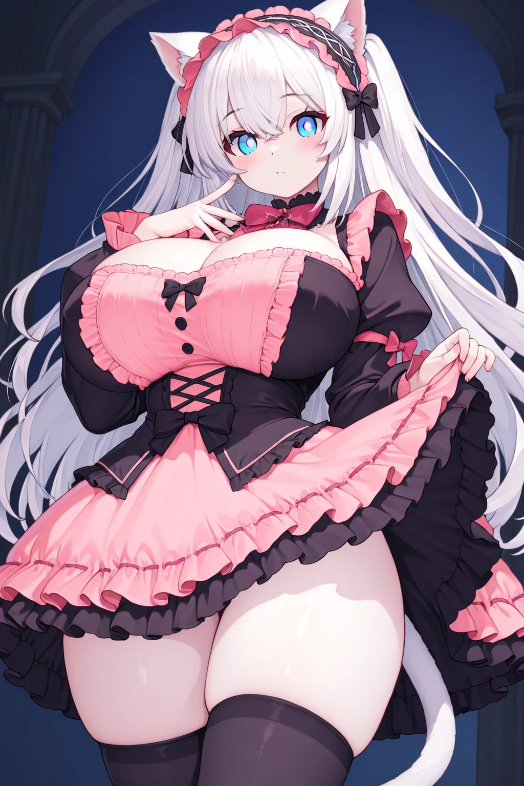 1girl in, 3 Four, Simple background, Portrait, Blood, Ponytail, ((huge-breasted、huge-breasted)), Dress, frilld_Dress, frilld, Gothic_Lolita, greys_hair, hair_Bow, hair_Over_One_eye, Lolita_Fashion, long_Dress, long_hair, ((huge-breasted、huge-breasted)), Bursting breasts, cleavage、beatiful detailed eyes、Beautiful detailed lips、overlord_(Maruyama), Pale_skin, Red_Eyes, Shalltear_Bloodfall, Solo, Striped, Vampire, vertical_Stripes