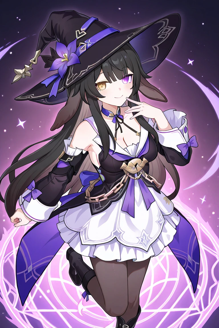 oung Girls,Humanity,A magician always smiles,big witch hat,cute,dark blue long hair,The eyes are dull,The bangs are heavy,Thin eyebrows,fantasy,intake,Double teeth,Star Theme,Constellation pattern,Solid color clothetal decoration,cloak,A bit of a dark atmosphere,A little crazy smile,When the big moon shines outside at night,blood,Hair black star embellishment,Short tie,No nails,High waist skirt,Bell sleeves,Long-sleeved shirt,Black tie,low risk,gentlemen。Mist、Yellow and white effect，Shocking pink as an accent color