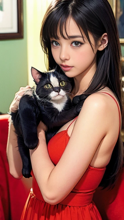 masterpiece, highest quality, 1 girl, alone, sitting, (Hugging a white cat, looking back at the viewer:1.5), Bedroom, from behind, teeth, (surprise:1), (big breasts:1.5)
(barefoot, barefoot, sleeveless shirt, high waist skirt, pink skirt, black corset, black hair, long hair, asymmetrical bangs:1), (Low leg panties, micro pants, side tie panties, teeth:1), (T-back:1.5), black eye,