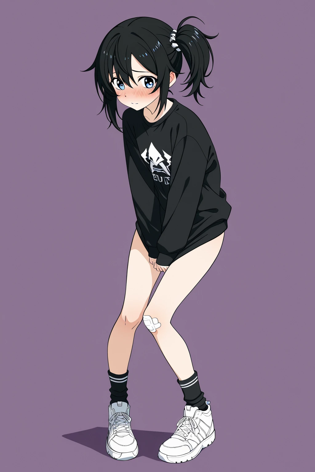 highest quality, one femboy, short cut black hair, thick eyebrows, black eye, Wearing shorts, Wearing a black jersey, wears an open fur-lined jacket, flat chest, wearing a white T-shirt, thick thighs, wide hips, Stinking eyes, Three white eyes, anime, human red eyes and purple eyes with sad expression