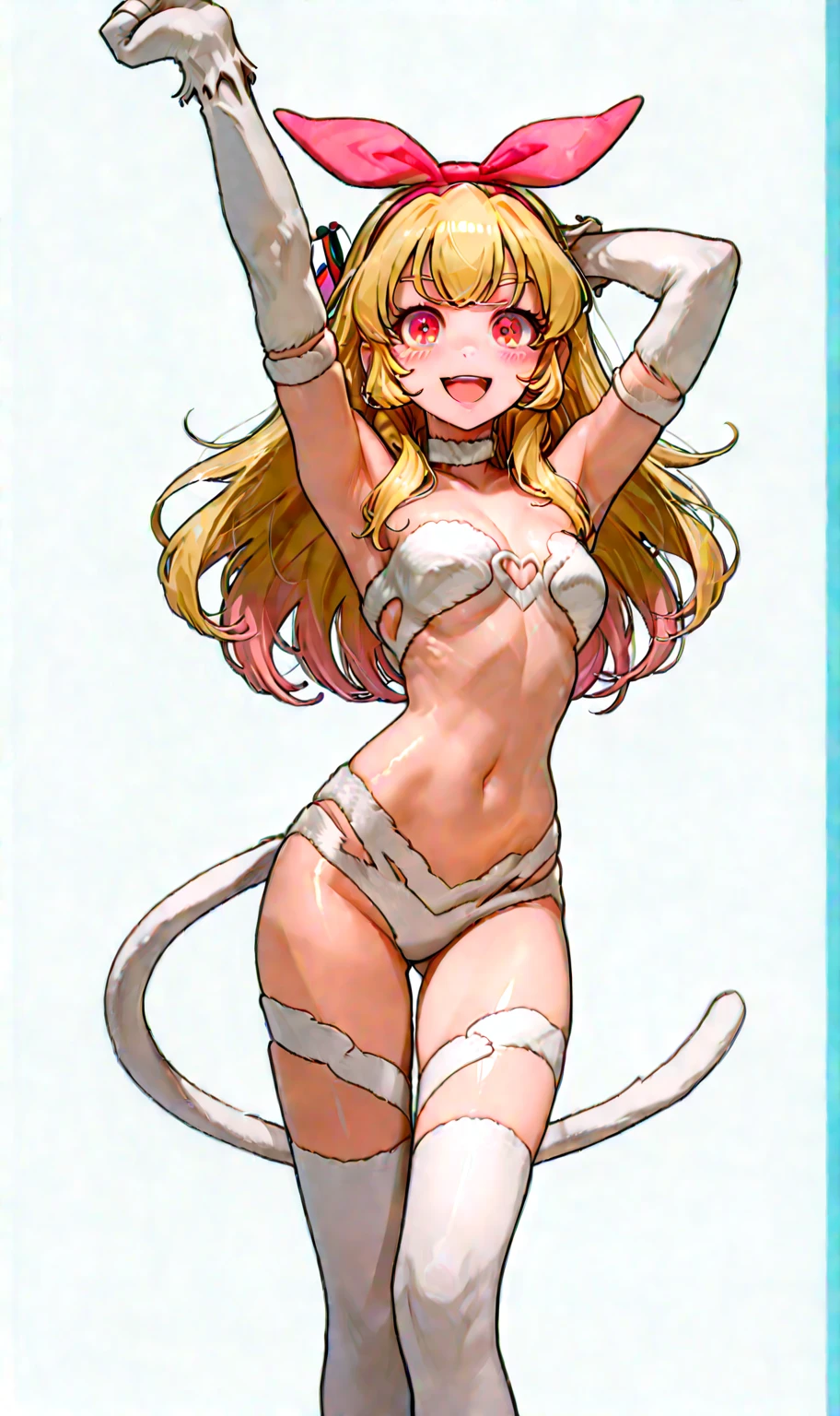 Masterpiece, Best Quality, illustration, city, 1girl, Mordred \(fate\), collarbone, Detailed blond hair ponytail braid, green eyes,,navel,thigh-high, covered_pussy,flat_chest,long_sworddangerousbeast,elbow_gloves,
,wolf_tail,wolf_ears,fang,happy,nihil,smile,spread_legs,claw_pose,armpits,open_mouth,angry,squat,bikini_bottoms,rise_hands,Highquality_hads,perfect_fingers,