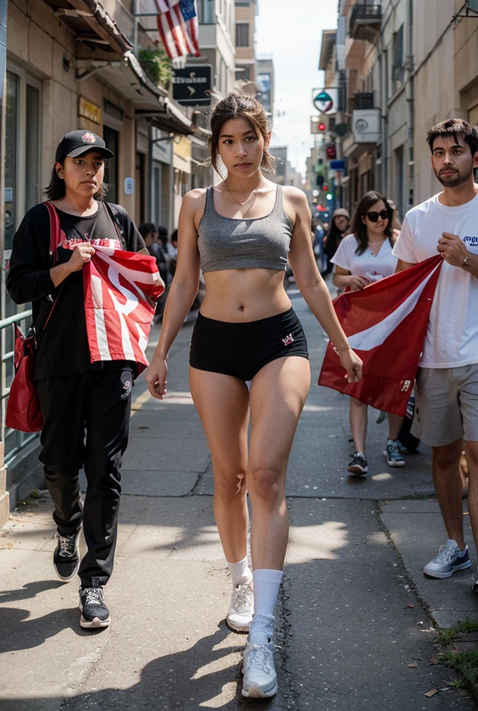 sharp focus, 8k, highres, high quality, high details, anatomically correct, masterpiece, ccurate, Beautiful delicate girl [Mia khalifa], 17 years old, athletic body, cheerful eyes, thick eyebrows, flushed cheeks, straight long hair, (perfect abs), (small tits), (wide hips), (perfect big ass), full body, wearing a very short and revealing dress, (perfect legs), looking at the camera, walking down a crowded street of sexy women, Happy, Grapffiti, big boobs