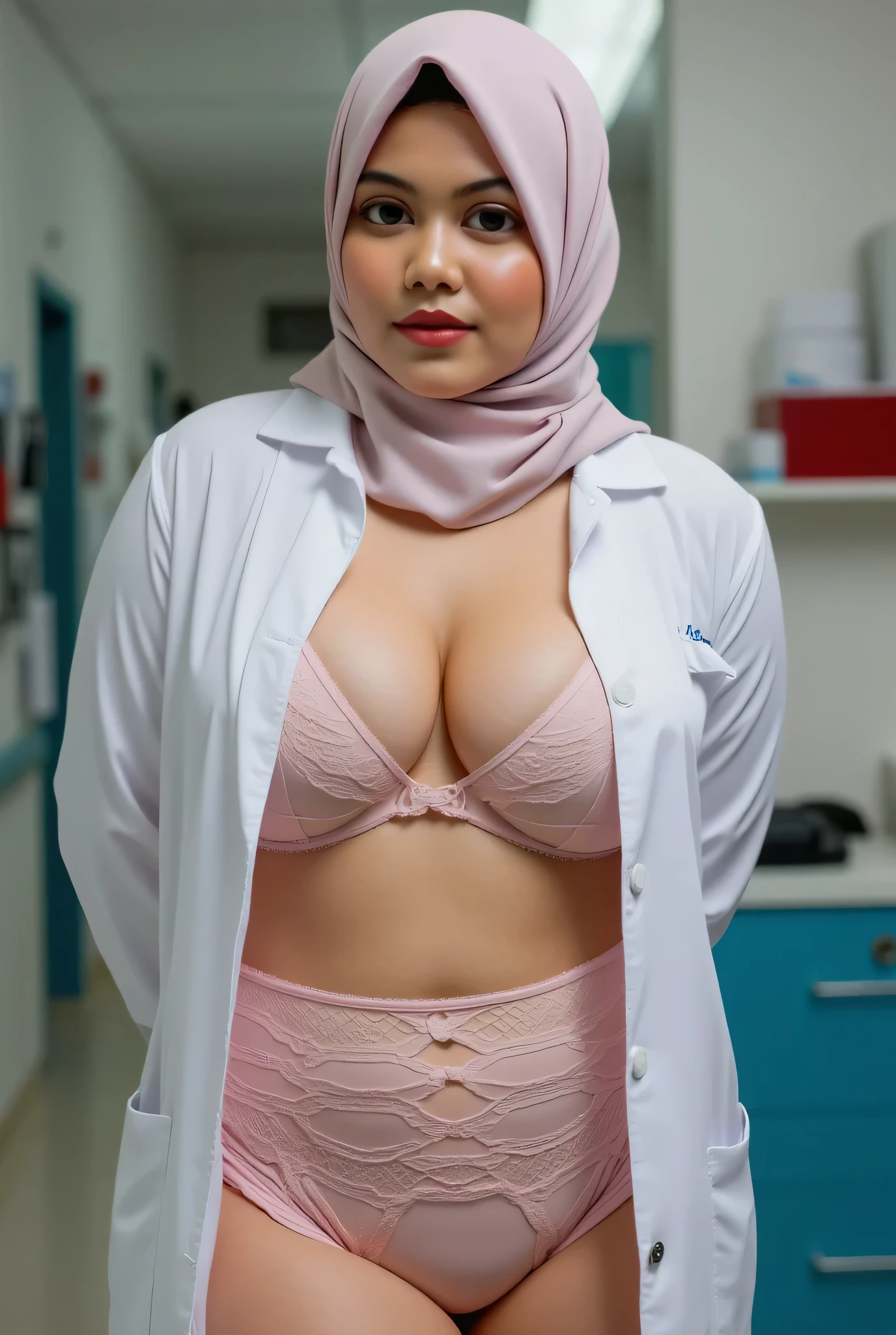 50 years Old, Hijab Indonesian mature woman, Big Tits : 52.9, doctor suit,, Breast burst out from her clothes : 1.9, at doctor office, Dark light, at Nighttime