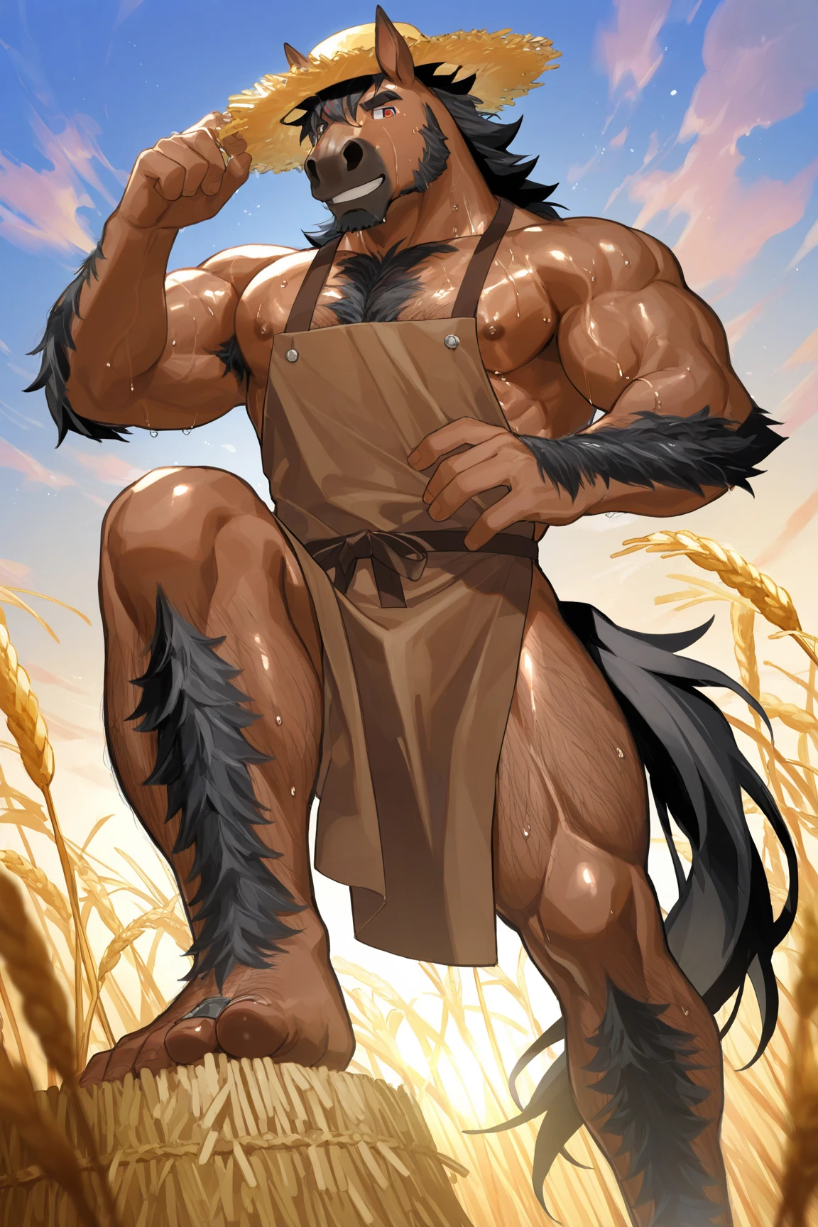 solo, male, muscular, horse, equine penis, Smug, arms crossed, golden field of grain, sunset, dramatic lighting, big genitals, jockstrap, (((by bebebebebe))), By darkgem, that mystikfox61, by glitter trap boy, by Zackary911, underwear aside