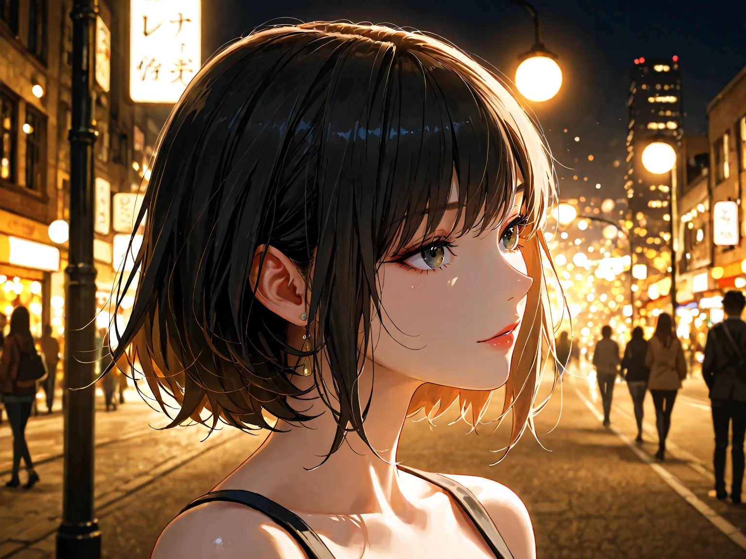 (Half Body Shot,Street lamp,moon),masterpiece, Ultra high definition, One girl, Solo Exhibitions, Beautiful woman on a busy street, Surrounded by peddlers, Beautiful Goddess Girl Portrait, Beautiful and elaborate face, Porcelain-like skin, (((Bust Shot, center, night, Black Hair, short hair)), Very soft lighting, Symmetric, complicated, grace, High detail, realism, art, concept 
 art, 8K, 