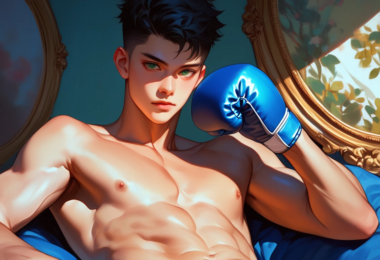 a shirtless exhausted 19-year old handsome caucasian male in faded haircut, mma gloves, fighting shorts, cute, handsome face, six-pack abs, beautiful body, well-defined body, dripping sweat, tired smile, exhausted, lying on the floor, in the ring