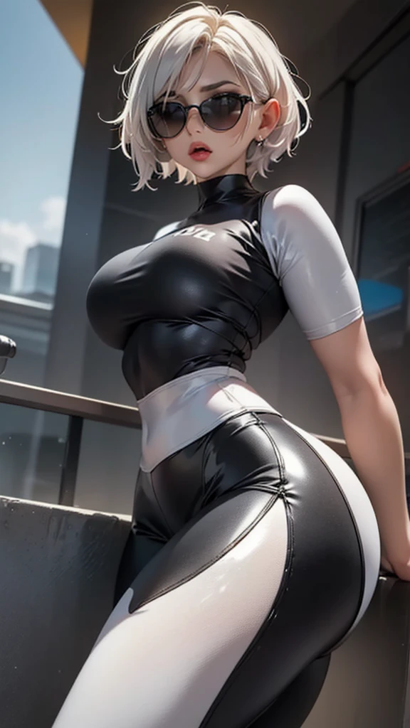 Wolf girl , bangs, short hair, blue eyes, hair between eyes, hair ribbon, hairband, white hair, white ribbon, blank panties,gigantic_breasts,curvy hips, outdoors,cute,lockerroom,wide hips,,smile,white sports bra, blue gym pants,tight pants,sitting,huge_boobs  --auto --s2
