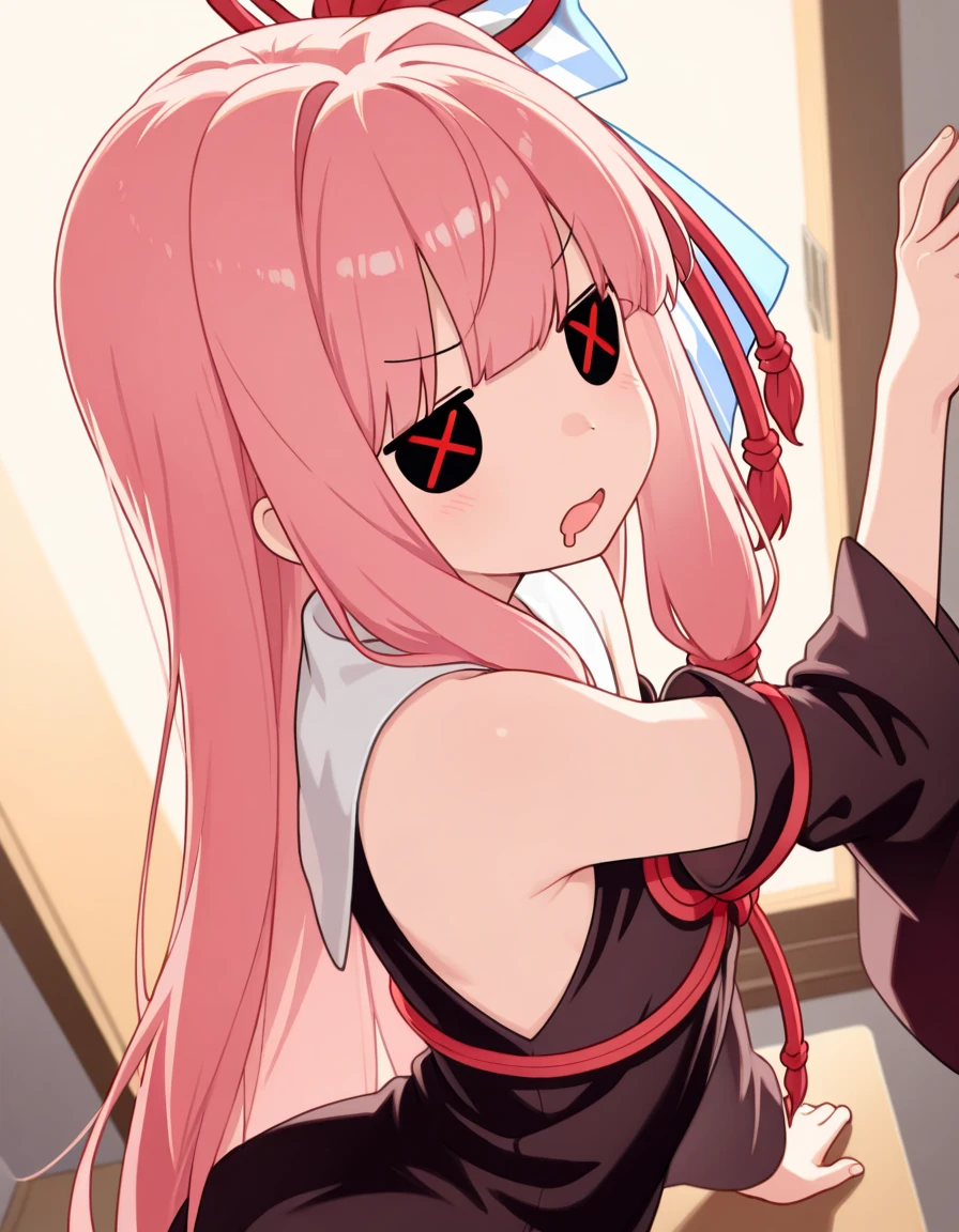 girl, Pink dress, necklace, stockings, naked,Hands up, embarrassed, Red eyes, White hair, panties visible, rope bondage