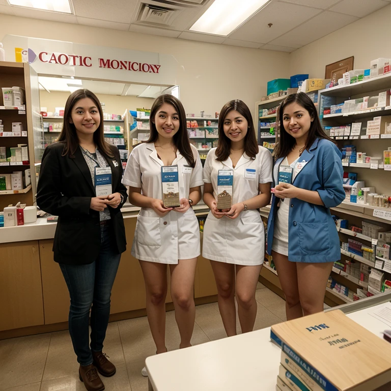 Farmaceutica, 21 year old brunette woman with a wonderful smile, background a pharmacy, green and red colors