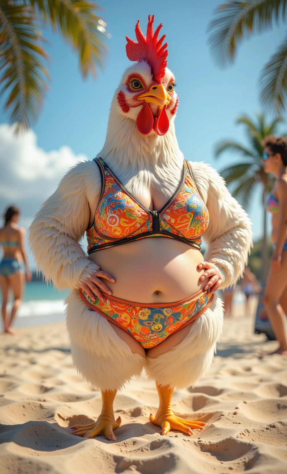 Roast chicken browned, wearing bikini, on a dune, without water,