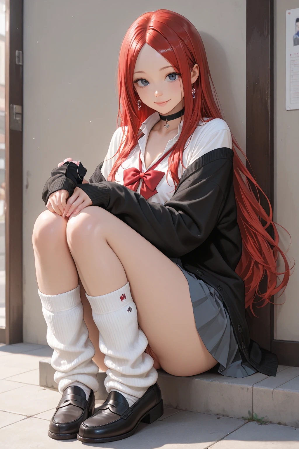 Korean woman with long red hair smiling, Cat's ears, face photo, Inside the house