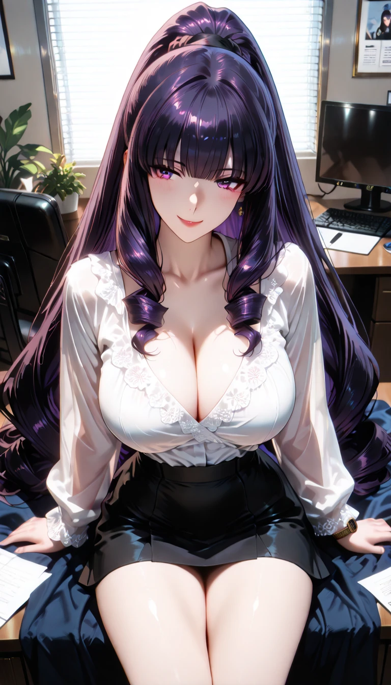 (Masterpiece:1.2), (best quality:1.1, (High quality:1.3), very detailed 8k CG unit wallpaper, depth of field, HDR, realistic, very detailed:1.2, complicated, Highly detailed:1.2, ผู้หญิงsexy, big breasts, office woman, white shirt, Lace underwear, tight chest, black short skirt, Black suit shirt, long hair,pink eyes, Blue On, Eye details:1.5, shadow sound details:1.2, light:1.1, ผิวพลันbeautifulงาม, smiling, cute, beautiful, sexy, office background