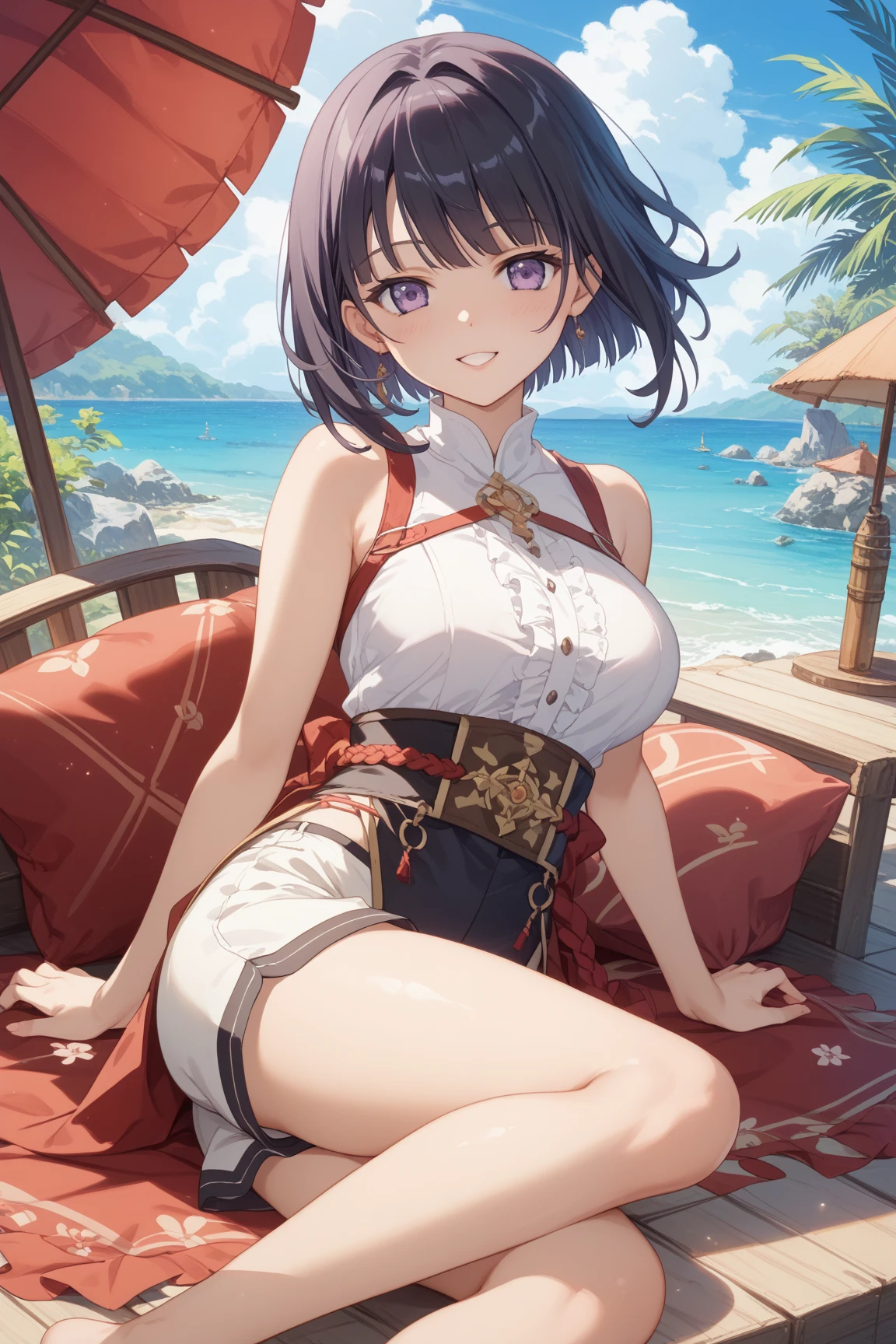 masterpiece, top quality, best quality, official art, beautiful and aesthetic:1.2), (1girl:1.3), extreme detailed, highest detailed, playful patterns,rich colors, anime girl, exotic, oracle, Greek, Greece, greek oracle, oracle of delphi, crown braid, short hair, brown hair, smiling, looking at camera, gold clothes, jewelry, laying on mat