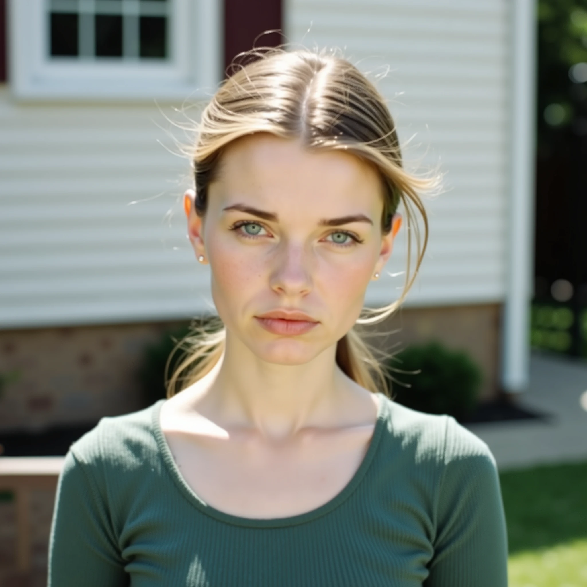 photorealistic, 1990s photo, 35mm film, medium close-up shot, portrait orientation, candid style, frowning, outdoors, green suburban backyard, soft bokeh background, natural lighting, young adult woman, 18 years old, slim, slender, flat-chested, girl next door aesthetic, european caucasian, light skin, blue eyes, dark blonde to light brunette hair, straight texture, soft shine, side part, (((long side-swept bangs))), low ponytail, tied back, clean natural volume, wisps near face, no flyaways, green ribbed crop top, scoop neckline, not high-neck, bare midriff partially visible, natural look, minimal makeup, 1990s fashion, realism, depth of field, detailed fabric, high detail, soft shadows, vintage photo feel, sharp facial detail, crisp focus on girl