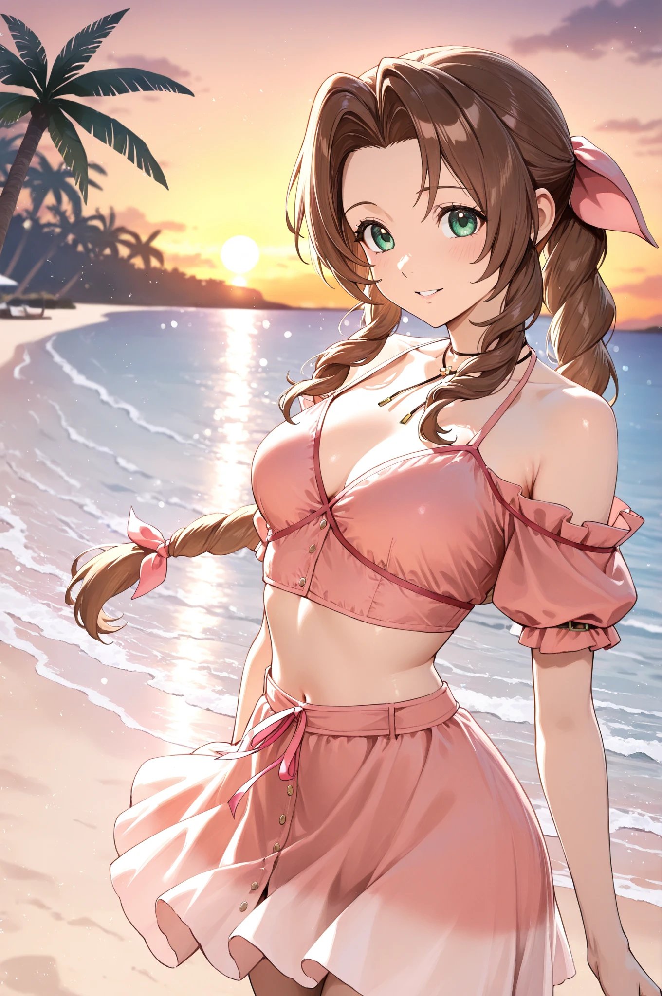 <lora:linde-10:0.8>, linde fe, 1girl, solo, looking at viewer, beach setting, seductive smile, pink bikini, cowboy shot, ponytail, circlet