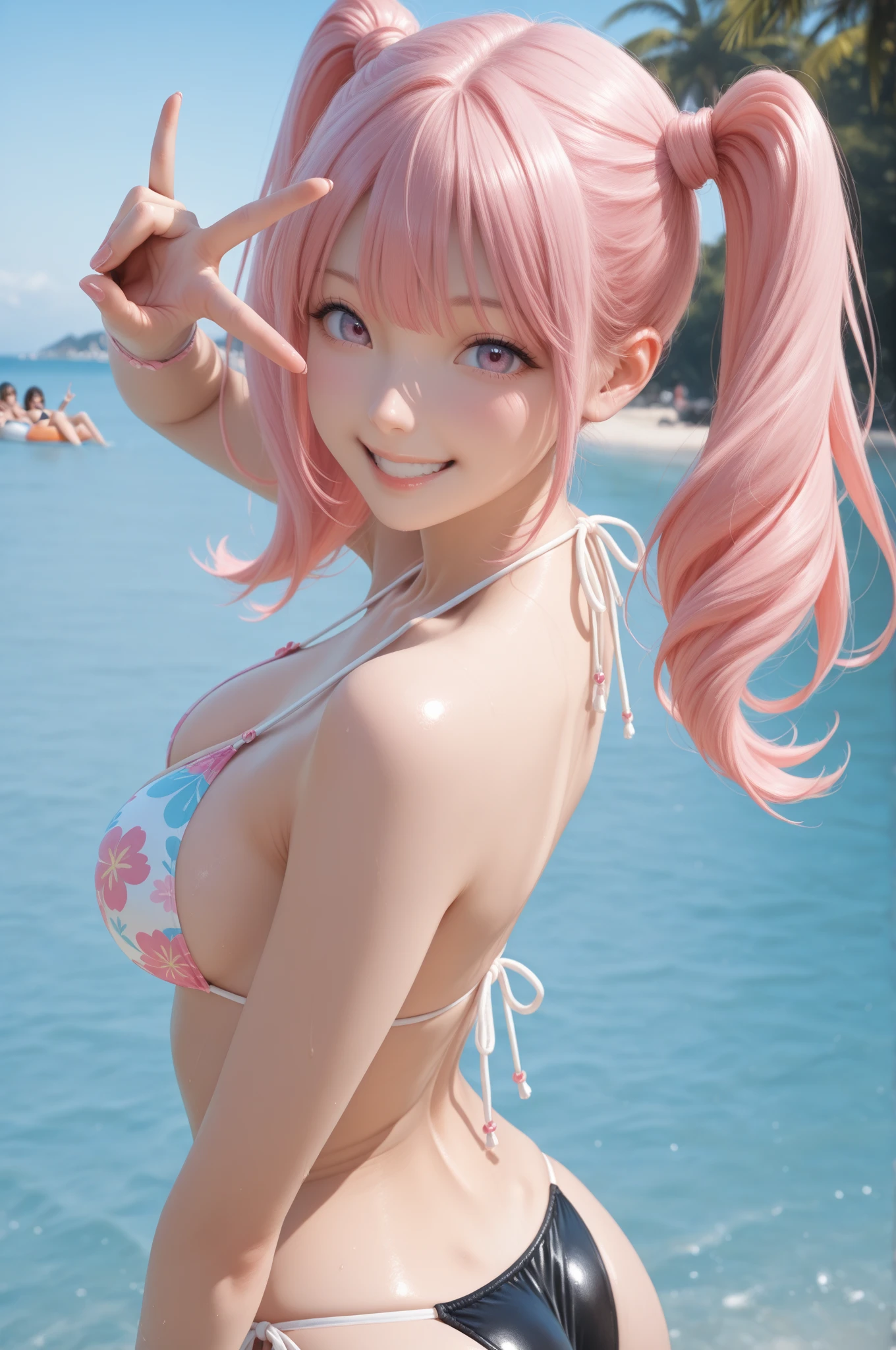 girl、、Pink、Swimwear、one piece、whole body。blue eyes、White Hair、With a smile、Functional、Seductive pose、front、Looking back diagonally、noon、Outdoor、garden、Beach、Play。