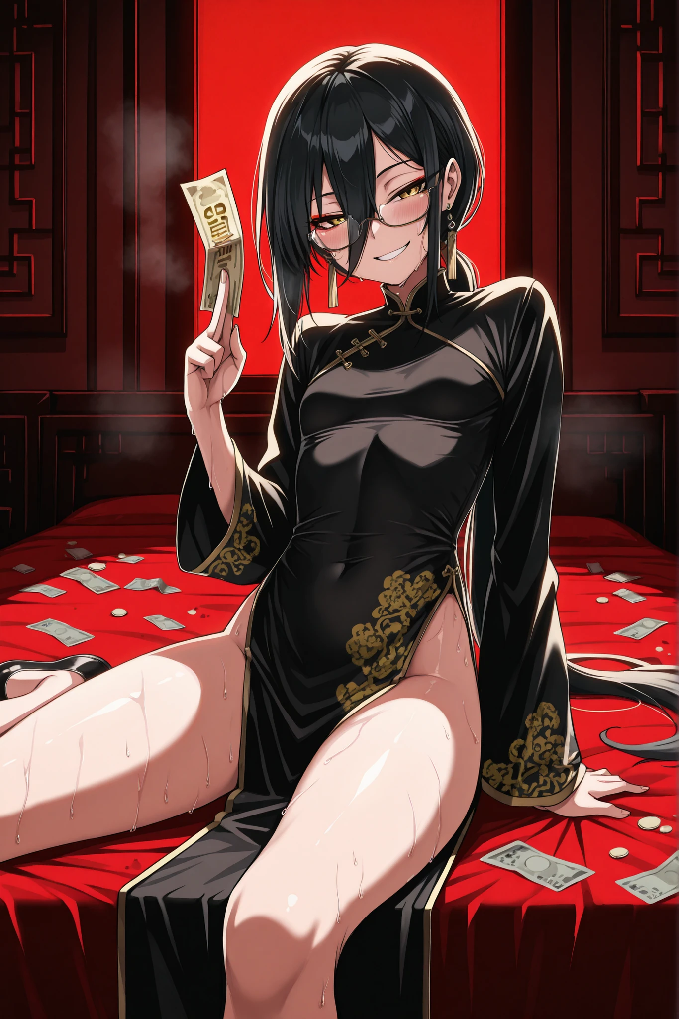 masterpiece, best quality, amazing quality, very aesthetic, foreshortening, 1 girl, mesugaki, taoist, wearing black and gold cheongsam, black and gold shoes, very long sleeves, opened clothes, have black hair, long bangs, low ponytail, extremely long ponytail, narrowed eyes, yellow eyes, glasses, red eyeshadow in corner of eyes, chinese style earrings, skinny, small breast,
BREAK, smiling kindly, holding chinese talismans in fingers, blushed, sweaty, exausted, saliva,
BREAK, NSFW, cowgirl position, sitting on a girl, leaning to viewer, looking at viewer, shadowy,
BREAK, Chinese talismans scattered everywhere, money bills scattered everywhere, chinese style room, red lighting, dark theme, on bed, steam, cyberpunk.