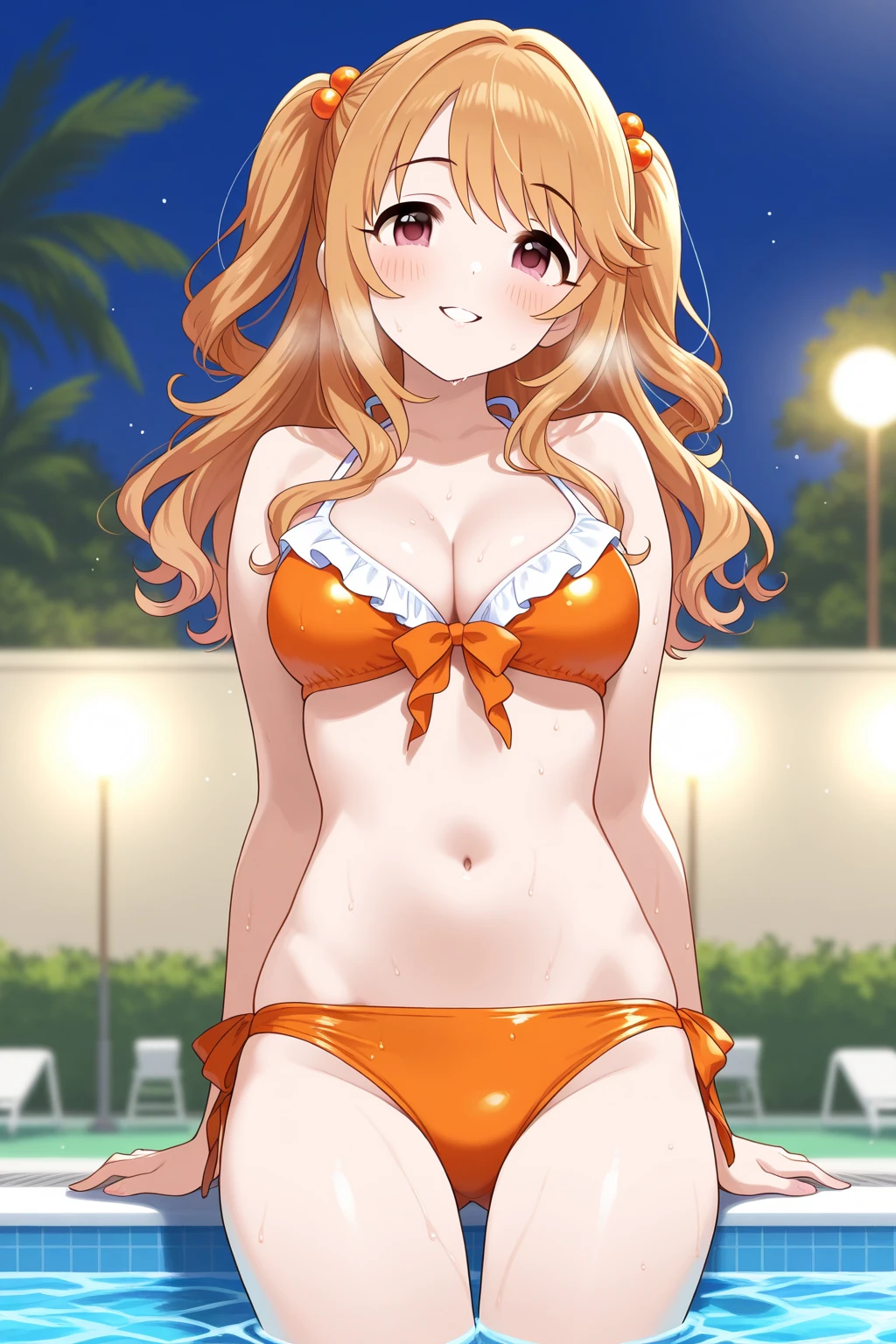 masterpiece, best quality, (1girl:1.000), (takami chika:1.000), curvy body, (bikini:0.995), (side-tie bikini:0.992), (swimsuit:0.991), (red eyes:0.988), (solo:0.985), (yellow bikini:0.981), (one eye closed:0.966), (navel:0.962), (star \(symbol\):0.958), (braid:0.937), (ahoge:0.924), (yellow footwear:0.921), (orange hair:0.880), (yellow bow:0.852), (smile:0.836), (breasts:0.834), (bangs:0.812), (v:0.810),(armpits:0.781), (standing:0.768), (medium breasts:0.760), (side braid:0.744), (short hair:0.693), (arms behind back), (blush:0.598), (bow:0.588), (full body:0.572), (hair ornament:0.560), (looking at viewer:0.543), (simple background:0.524), (orange bikini:0.503)