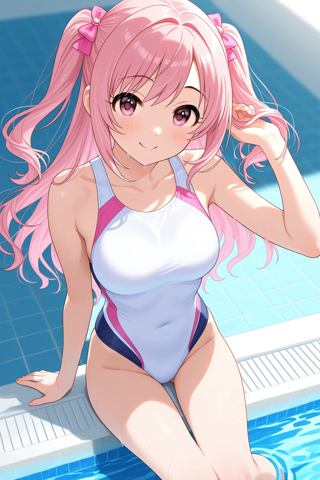(masterpiece:1.4、top-quality、illustration:1.4,realistic、)、(character focus、breast focus,upper body:1.3)、(1girl),(Open mouth happy smile:1.3),(half closed eyes),cute face,blue eyes、()、
,(stand:1.4),(Shining smile),
,(slender),(white tube top swimsuit:1.3),(pink long hair:1.6,forehead:1.3), (small breasts:1.3)、
、slender、pool,、