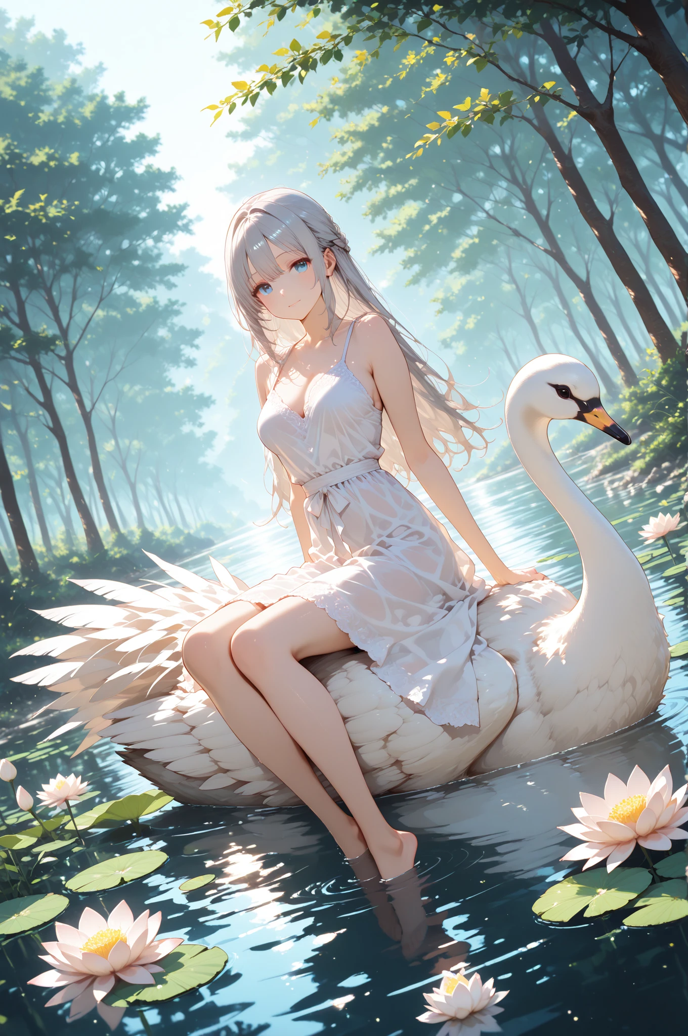 ballerina,Swan Lake,White tutu,Portrait of a ballet actress,Lake reeds,Guviz,Fantasy art style, beautiful fantasy maiden,perfect bodies,Exquisite and perfect facial features,美丽细致的眼睛,long eyelasher,Delicate eyeliner,Blue eyes,Dark pupils,There are bright spots in the eyes,almond eyes,Beautiful lip details,8K high-definition,anatomy correct,Oil painting thick painting style
