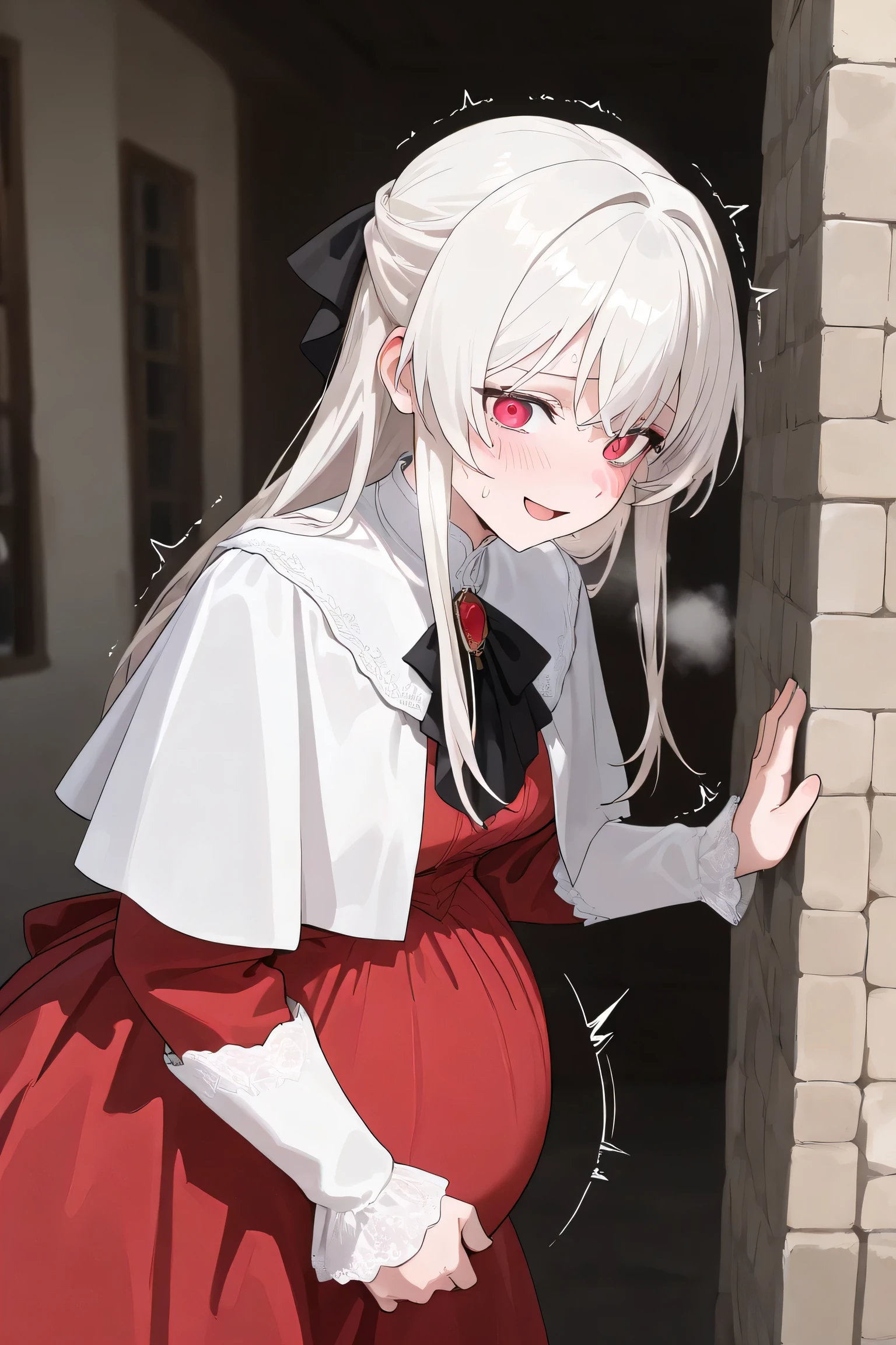 (Best quality, 4k, 8k, high resolution, masterpiece:1.2), ultra detailed, intricate details, beautiful girl, SOLO,  alone, long white hair, bangs, red colored eyes, small-medium breasts, perfect smooth skin, head tilted, (Pregnant:1.0), black ribbon hair, victorian dress, red dress, side view, pain, at medieval town on streets, white capelet, looking at viewer, smile lighly, Hand on wall, lean forward, looking down, sweating, (Blush:1.0), open mouth, embarrassed, heavy breathing, trembling, water broke, [[pussy:1.5]],
