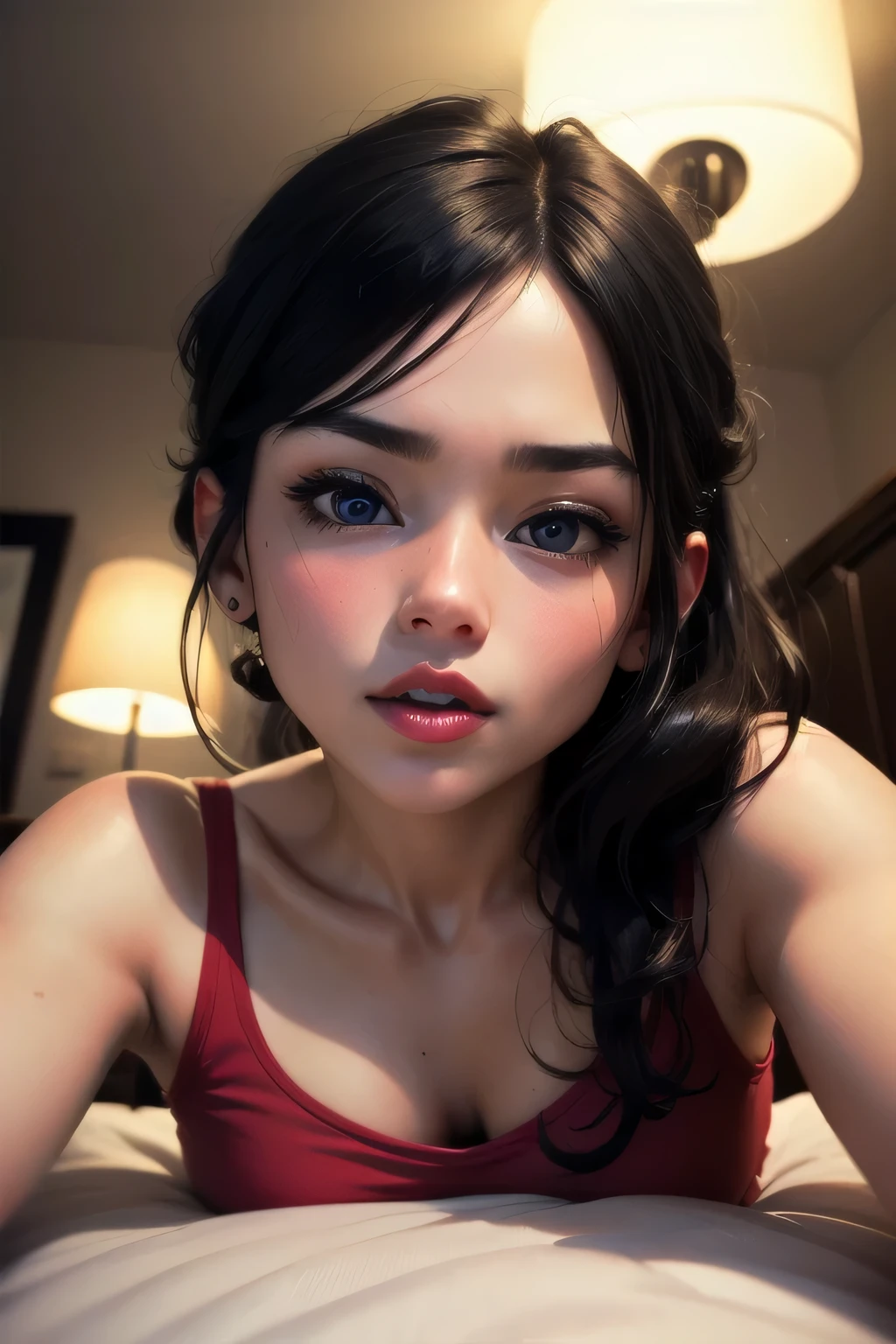 Sexy woman, black hair in a bun, long forehead, seductive eyes, medium nose, perfect pink lips seductively parted, deep blush, flustered, beautiful long neck, collarbone, medium chest, cleavage, long red floral dress, bedroom, stripping, exposing her black bra and bare shoulders