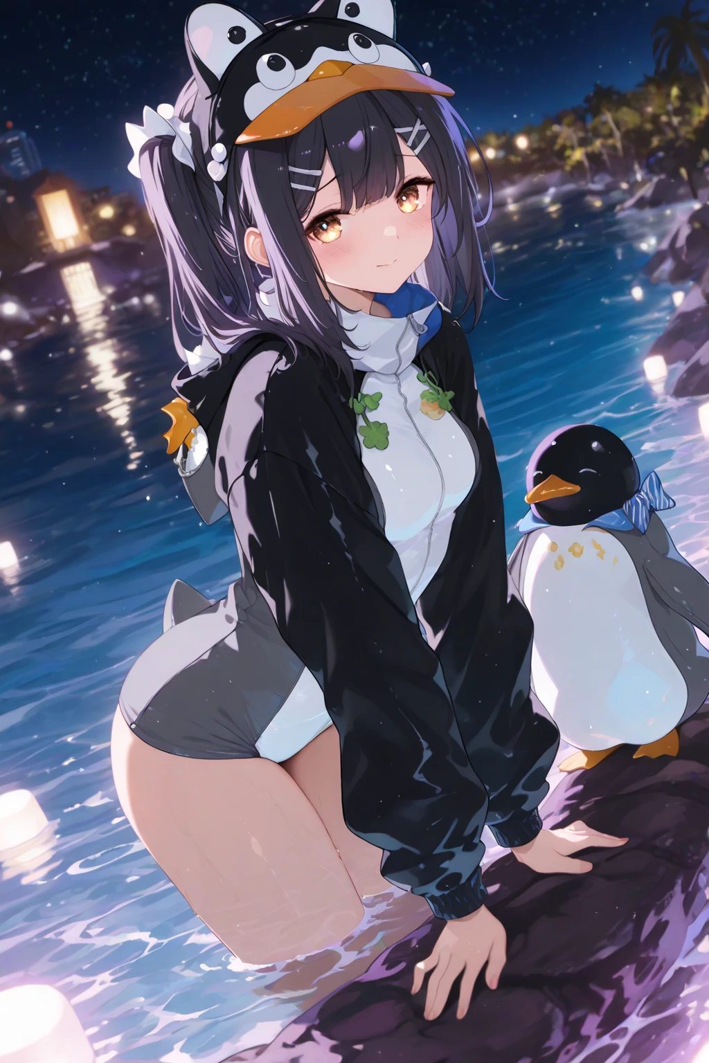 masterpiece、finely detail、4k、8k、12k、独奏、1人、a beauty girl、caucasian female、Illustration of the angle looking down from above、sitting on、short-hair、White dress、Top of a big penguin、Penguins fly in the sky、Mare、blue-sky