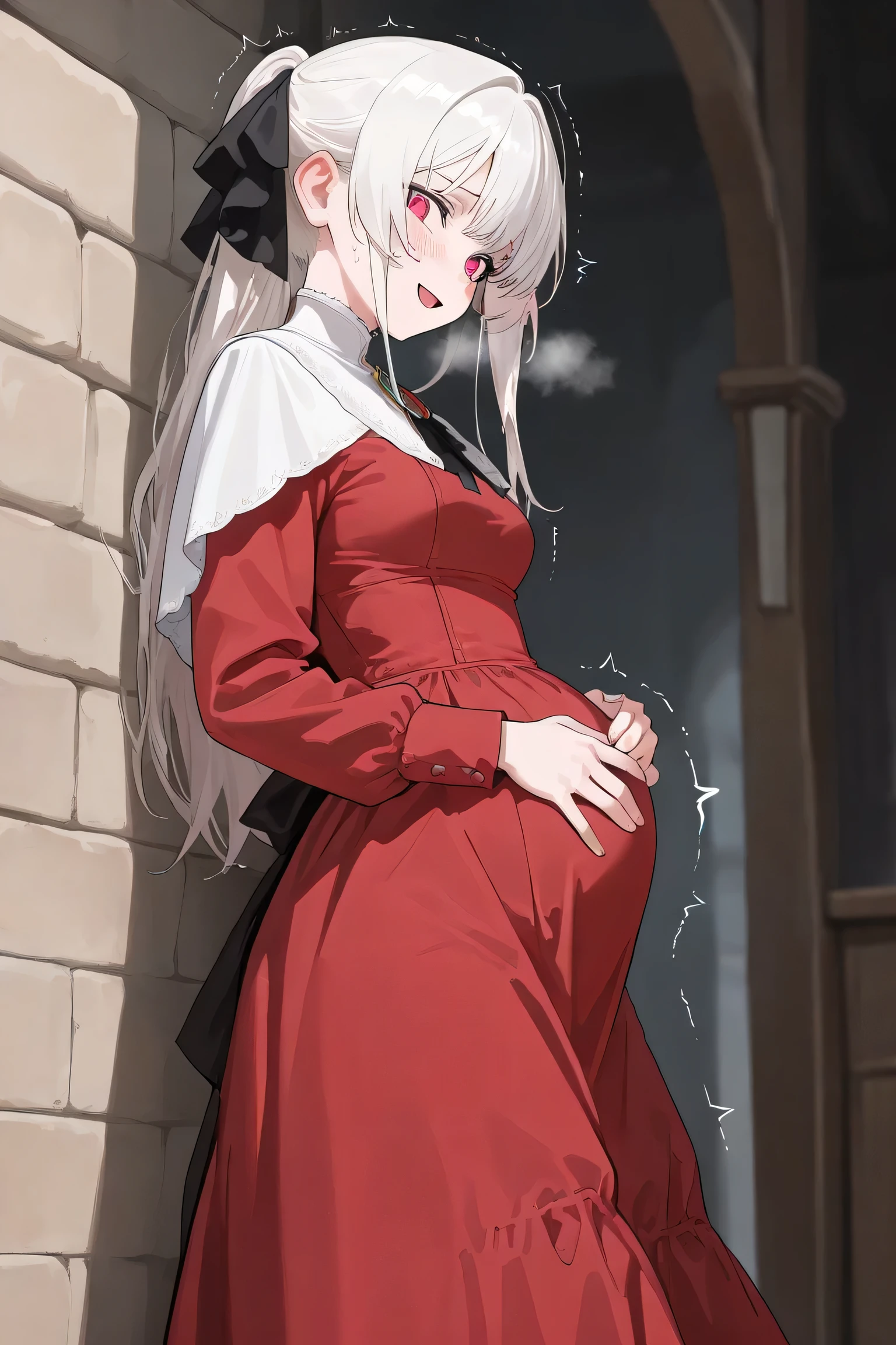 (Best quality, 4k, 8k, high resolution, masterpiece:1.2), ultra detailed, intricate details, beautiful girl, SOLO,  alone, long white hair, bangs, red colored eyes, small-medium breasts, perfect smooth skin, head tilted, (Pregnant:1.0), black ribbon hair, victorian dress, red dress, side view, pain, at medieval town on streets, white capelet, looking at viewer, smile lighly, Hand on back, lean forward, looking down, sweating, (Blush:1.0), open mouth, embarrassed, heavy breathing, trembling, water broke, [[pussy:1.5]],