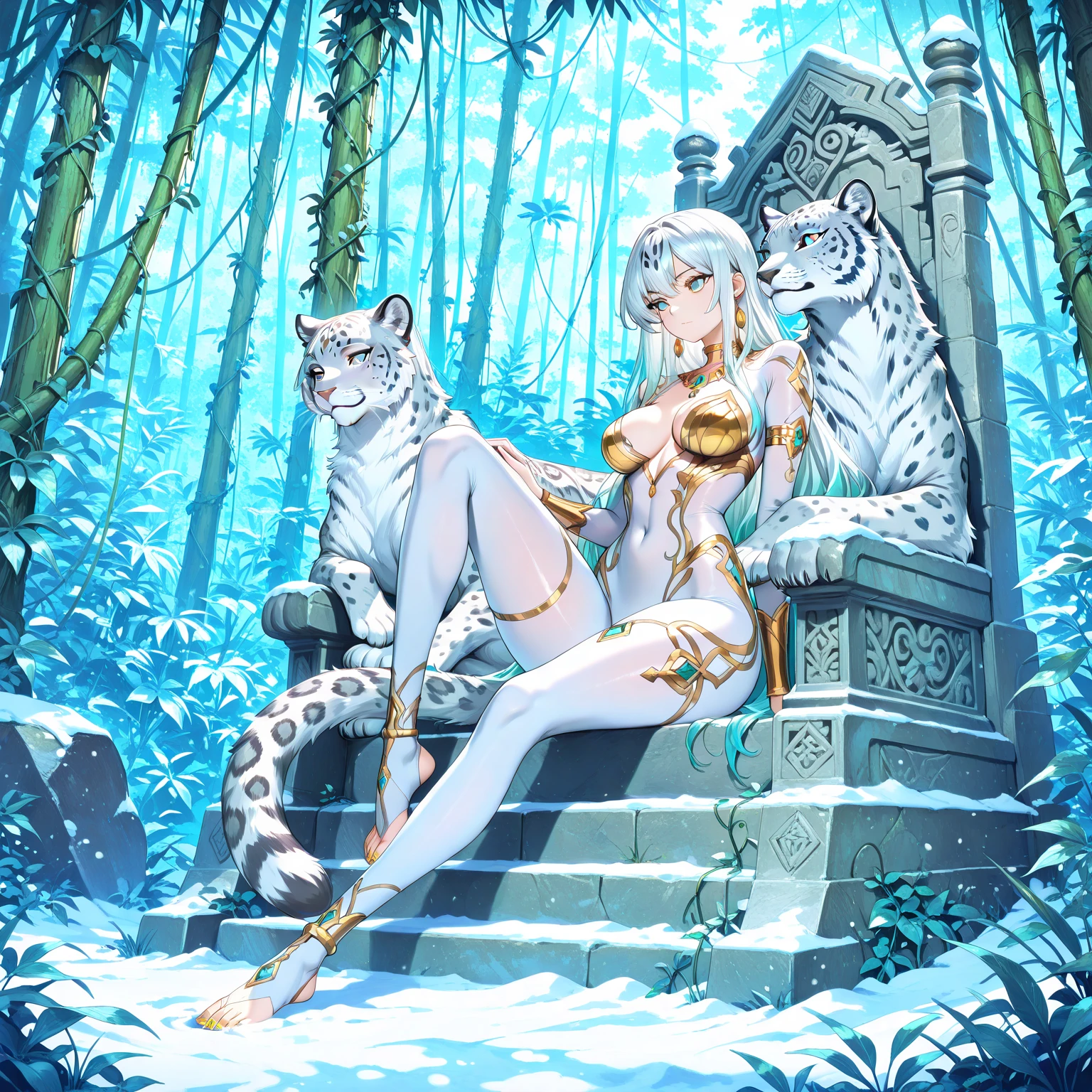 1girl full body standing, nice ass, yellow tiger bikini, Hairstyle with a white braid, white color hair, BLINDFOLED, perfect lighting, muscular, thights, Mature woman, mummy, bellybutton, Abs, looks at the viewer (masterpiece, hiquality: 1.1) smile, Extremely huge breasts, Maternal, porcelain skin, extra very long hair, sparkly skin, good face, ONI HORNS