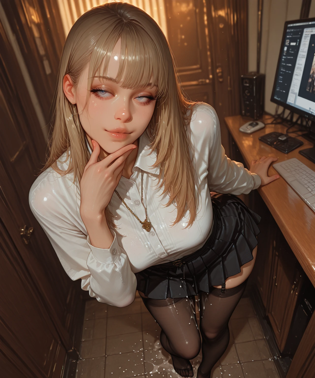 Woman with ,golden curly hair,Blue eyes,white fox ears, in a white shirt, black skirt and fishnet stockings, sitting in a game chair, in a room with neon lighting.