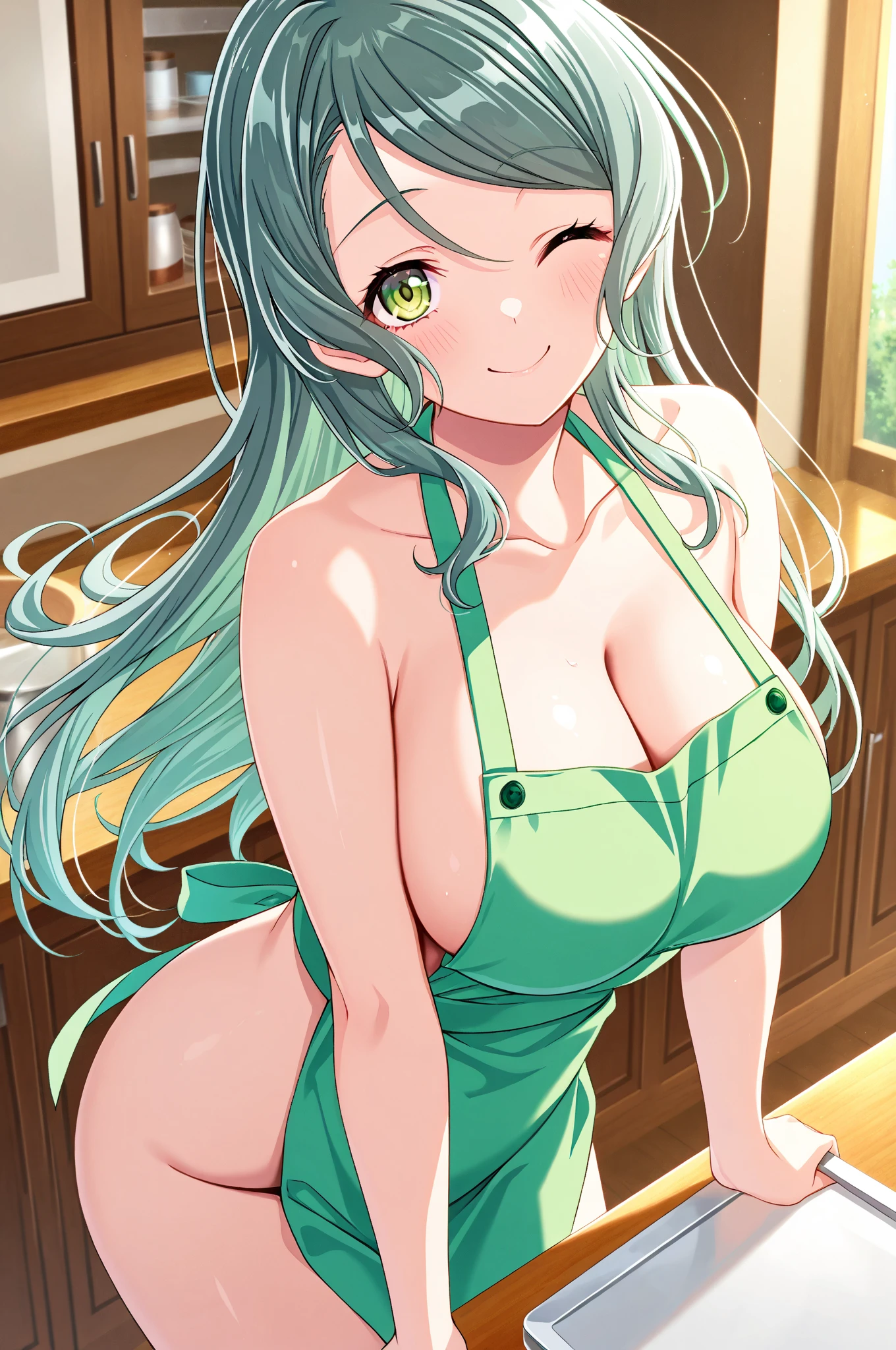 anime girl, beautiful, long green hair, blue eyes, hair clip, big breasts, cleavage, stylish black long-sleeved blouse, pleated skirt, choker, beautiful smile, hallway, blushing, mole on cheek