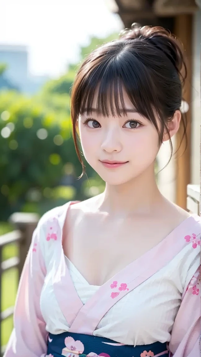 a cute 13 year old girl, big eyes, pink lips, (a red ribbon in her hair), wearing a kimono with a cherry blossom pattern, sitting on an old log, her face looks cheerful, the weather brightly, the light from the gaps in the leaves hit the girl's face, 8k, high quality, best quality, high resolution, realistic skin texture, without makeup, ((big breasts:1.2)), showing chest, ((cleavage:1.0)), upper body