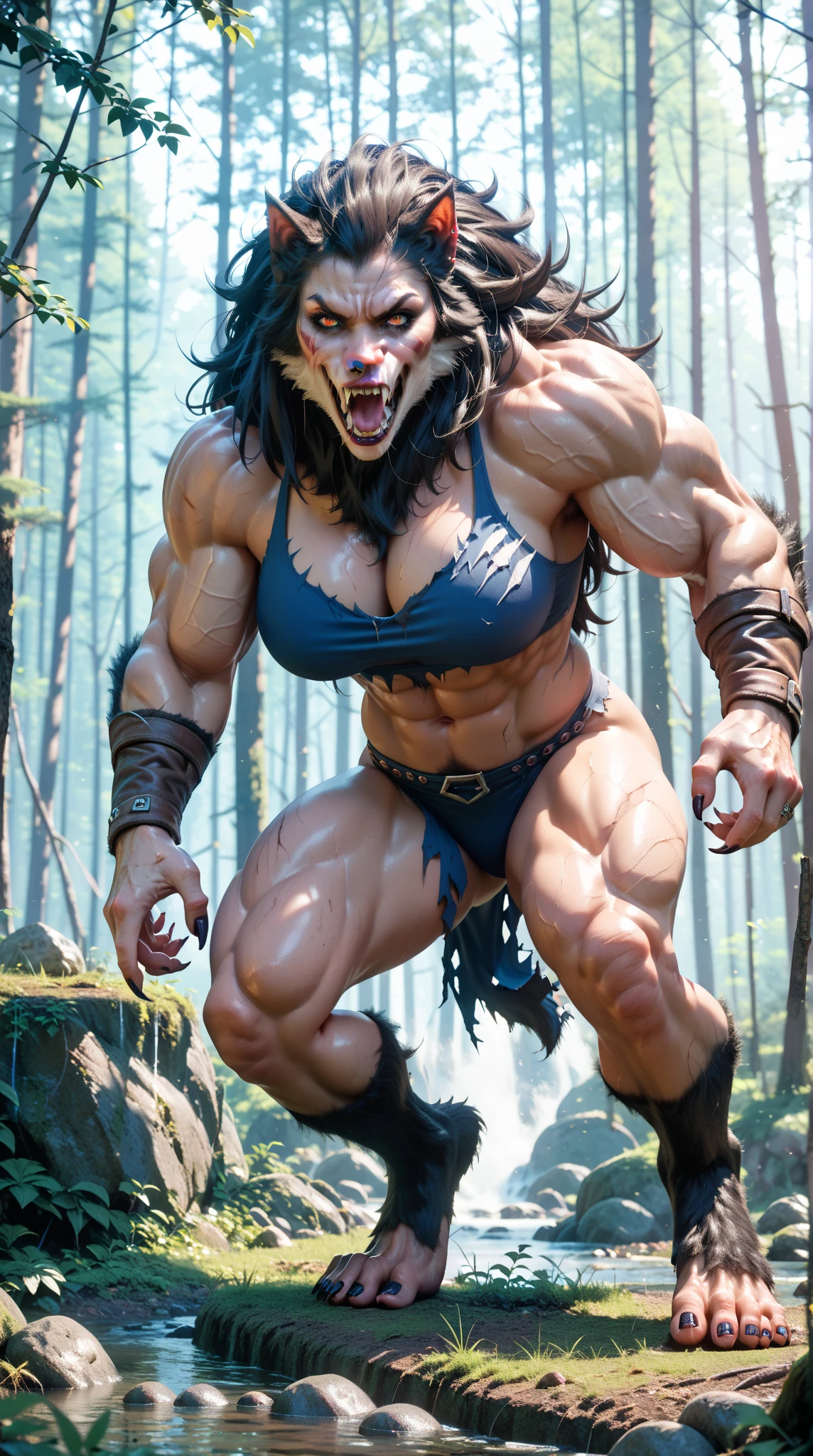 anthro, horse, female, muscular, hairy body, hary armpits, hairy legs, hairy chest, hairy belly, visible pubes, bikini, hard nipples, breasts, wide hips, long hair, pretty, dark black fur