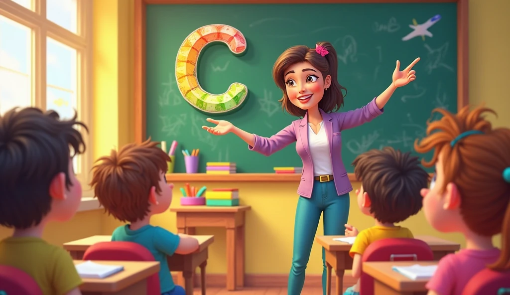 Lulu stands at the front of the class, proudly presenting her science project. Her poster is filled with colorful diagrams and bold text, showcasing her hard work.
