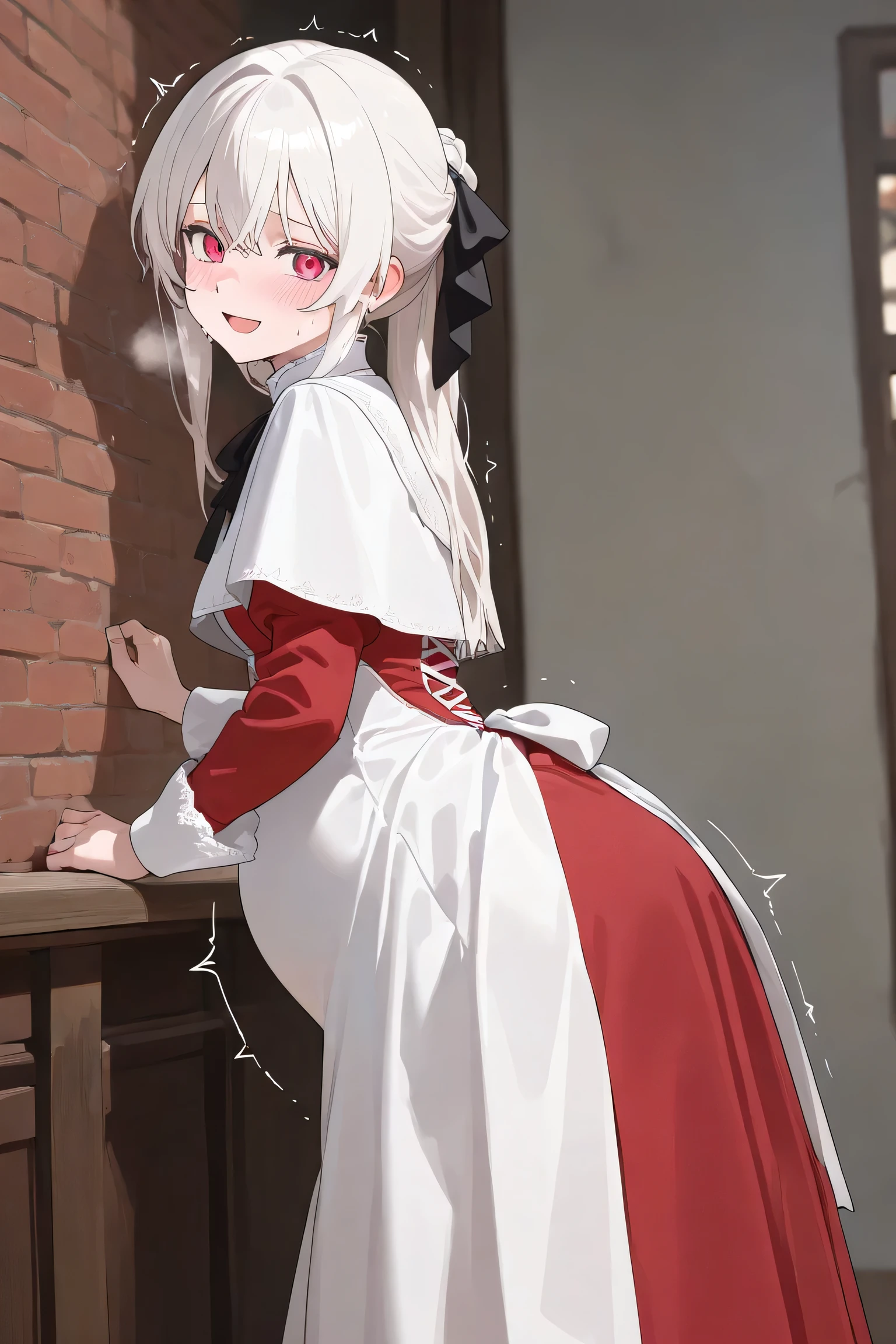 (Best quality, 4k, 8k, high resolution, masterpiece:1.2), ultra detailed, intricate details, beautiful girl, SOLO,  alone, long white hair, bangs, red colored eyes, small-medium breasts, perfect smooth skin, head tilted, (Pregnant:1.1), black ribbon hair, victorian dress, red dress, side view, pain, at medieval town on streets, white capelet, looking at viewer, smile lighly, Hand on back, lean forward, looking down, sweating, (Blush:1.0), open mouth, embarrassed, heavy breathing, trembling, water broke, [[pussy:1.5]],