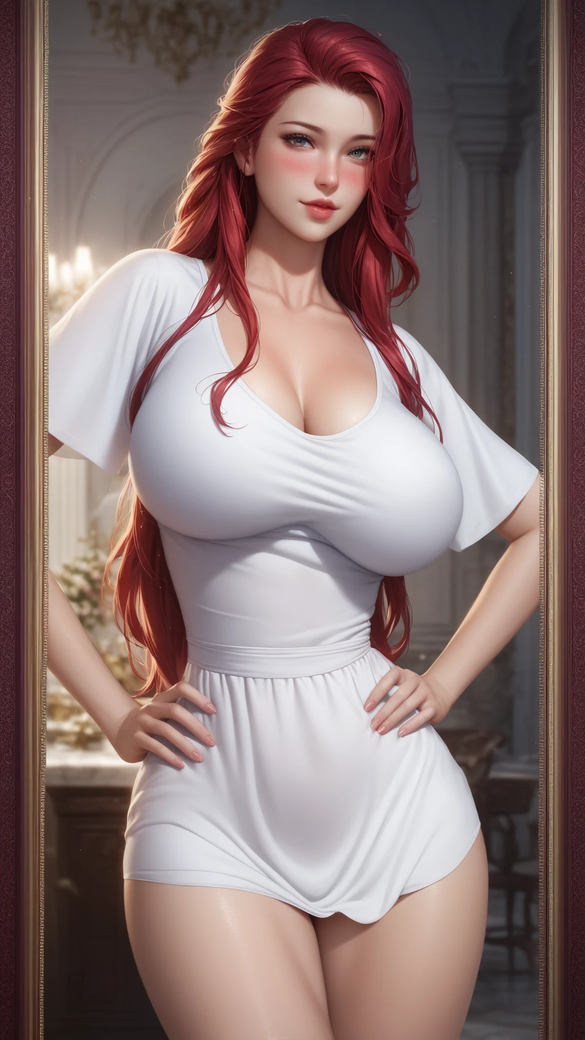 Top quality, 8k, 32k, Masterpiece, photo realistic, realistic, anime girl with red hair and white top bending over, nami from one piece, nami one piece, nami, beautiful portrait of nami, oppai, professional makeup, necklace, very big breasted woman, (seductive pose), Sexy, beautiful white face shining, beautiful face, pink cheeks, beautiful lips, porcelain skin, detail intricate, super detailed, super high, highest detailed, high detailed, delicate, incredible detailed, fine detailed, cinematic lighting, top quality, masterpiece, smooth and beautiful, CG , unity, 8k wallpaper, Stunning, fine detail, unity CG wallpaper 8k ultra detailed, large file size, ultra detailed, high resolution, incredible detail, stunning detail, depth of field, oil painting effect in Rembrandt art style, concept portrait art in Stanley Artgerm Lau style, WLOP, trending on Artstation, epic, trend in society, detailed digital painting, very high quality model.