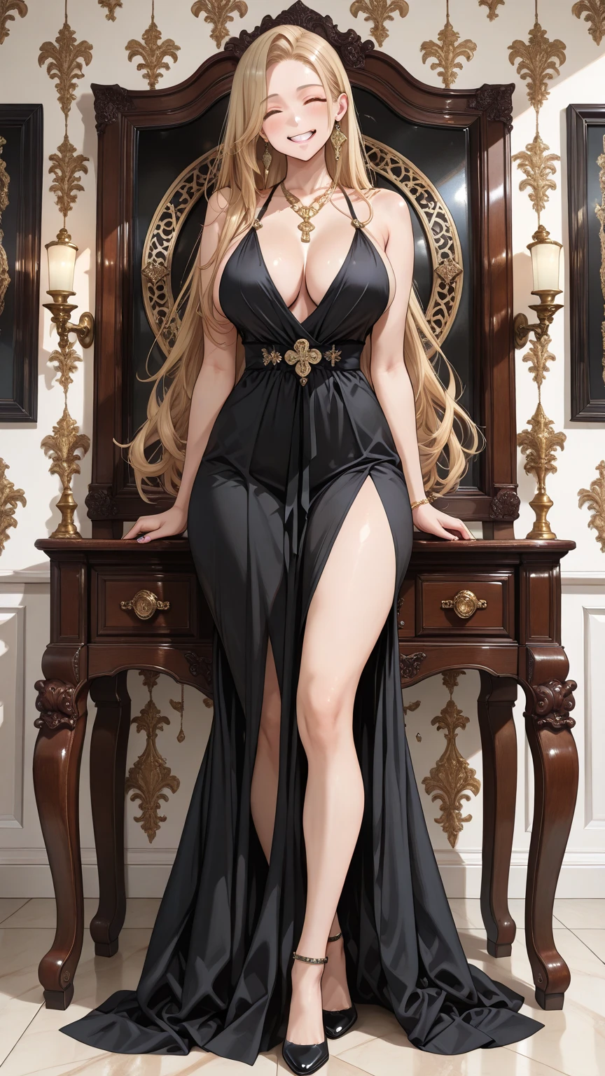 UHD 8k, HDR+, Darla Crane, cute redhead female with a necklace, large piercing eyes, huge earrings, giant earrings, her long redhead hair falls over her shoulders, gold bracelets on the arms, long jet black hair flowing over the shoulders, Black high heel shoes, High heels, Black gothic dress, Against the background of the forest, detailed background, realistic, 1girl, solo girl, 50 year old girl, ultra realistic face, hyperrealistic, hyperdetailed, (looking at viewers), sharpen, detailed face, detailed eyes, detailed lips, red lips, beautiful face, 16k, FHD, raw photo, cute face mesh, pretty face mesh, portrait shot 8 k