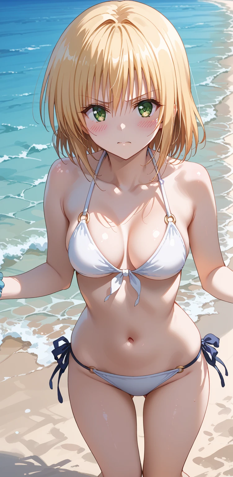 (masterpiece, extremely detailed, japanese kawaii anime style, sharp focus), one beautiful and cute young girl, (sexy idol gravure, official art), beautiful japanese anime style big eyes, dark blonde short hair:1.2, (See-through white extremely tiny micro bikini:1.2), gorgeous lace white bikini, dark blue eyes, shy smile, Shiny and firm skin, ????? nipples, looking at viewer, (large breasts, pointy breasts, Cleavage:1.4), Cleavage:1.4, (pov, from front), (lying on the side of deckchair st seaside resort, spread legs wide, pose emphasize pubic area, show off cameltoe:1.2), (your hands behind head, you never touch pubic area:1.5), (deep and big cameltoe), (Small ass, thin thighs:1.5), (beautiful erect nipples shape and color clearly visible through bikini), (spread pussy shape and color clearly visible through bikini), (erect clitoris shape and color clearly visible through bikini), (Small ass, thin thighs:1.5), (??????, arousing:1.4), dynamic light, depth of field, day light, seaside:1.2, tony taka, highleg panties,
