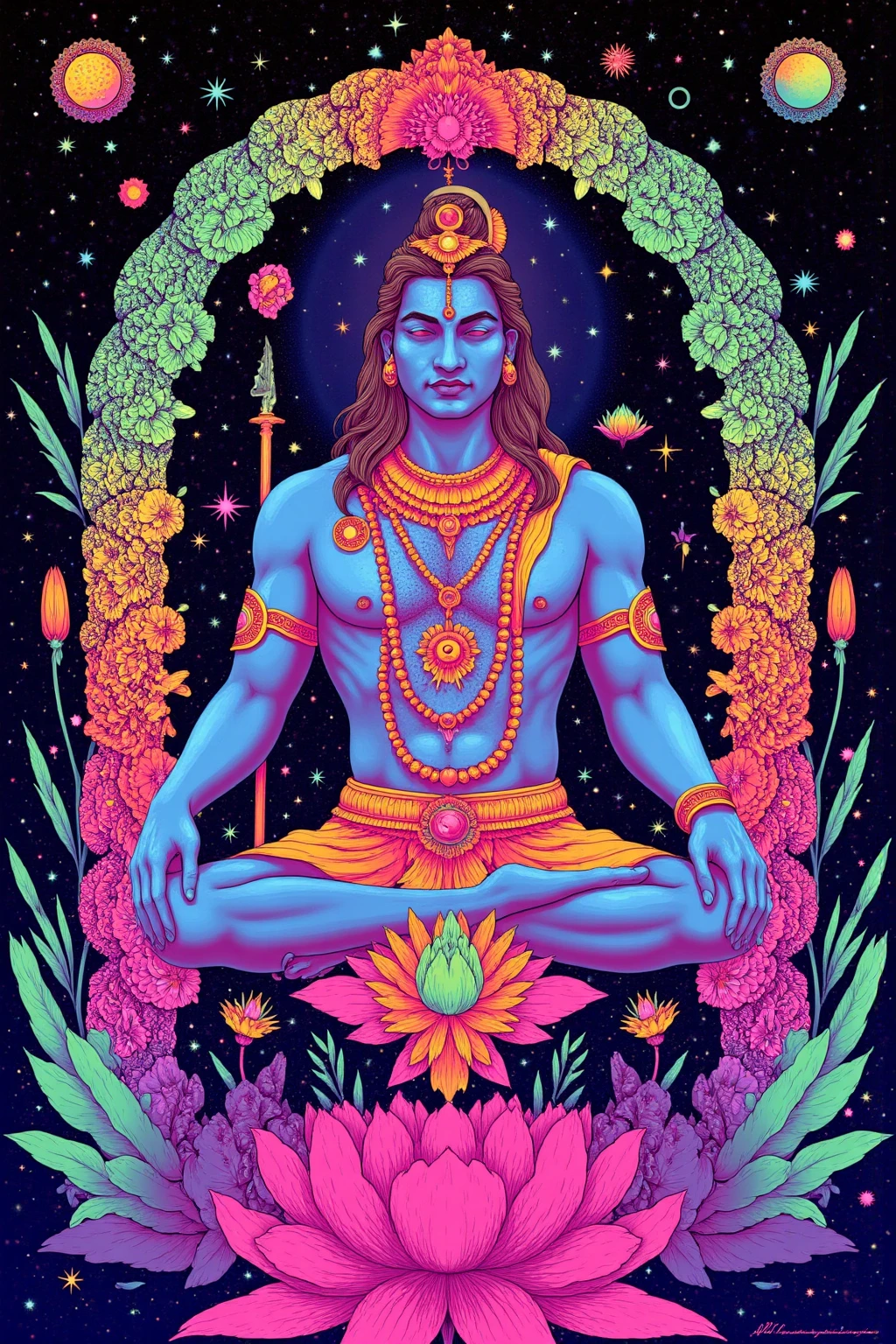 Blue skin,dreadlock hair,Male Lord Shiva,slender,pink there,,natta,Surrounded by lakes