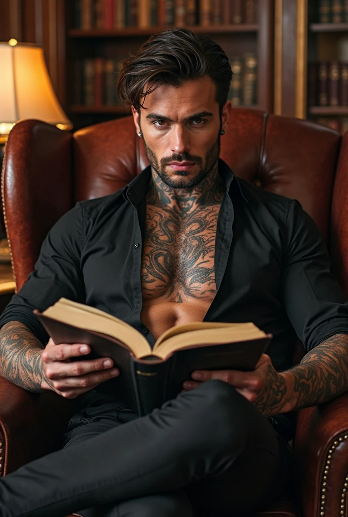 Sexy topless bespectacled muscular male goth fairy with pointy ears, strong jaw, pale skin, tattoos. He is standing in a gothic library holding a closed book.