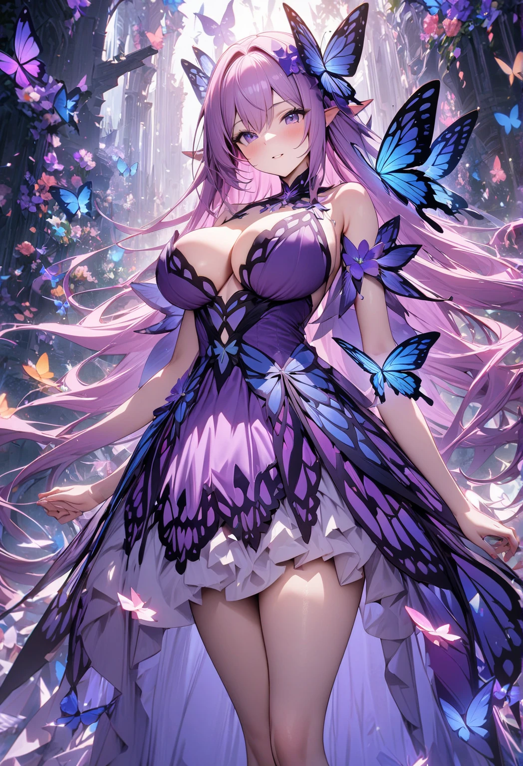((anime artstyle)),(Masterpiece),(Best Quality), (Super Detail),((Very Delicate and Beautiful)),Focus on character,Dynamic Angle,Looking at viewer,((Solo)),standing,((full body)),((one fairy tale princess in gorgeous ball gown with voluminous skirt)),detailed face and eyes,(fairy wings),jewel-like eyes,((Very Long voluminous Hair)),gorgeous embroidery and lace,See-through,ornate ruffles,(Gorgeous jewelry ornaments),luxury hair ornament,luxury tiara with jewels,(gigantic breasts,Long breasts),(outdoor,fairy tale forest),fairy tale atmosphere,(full body),hoop skirt,crinoline,(((jeweled gorgeous ball gown with voluminous skirt))),